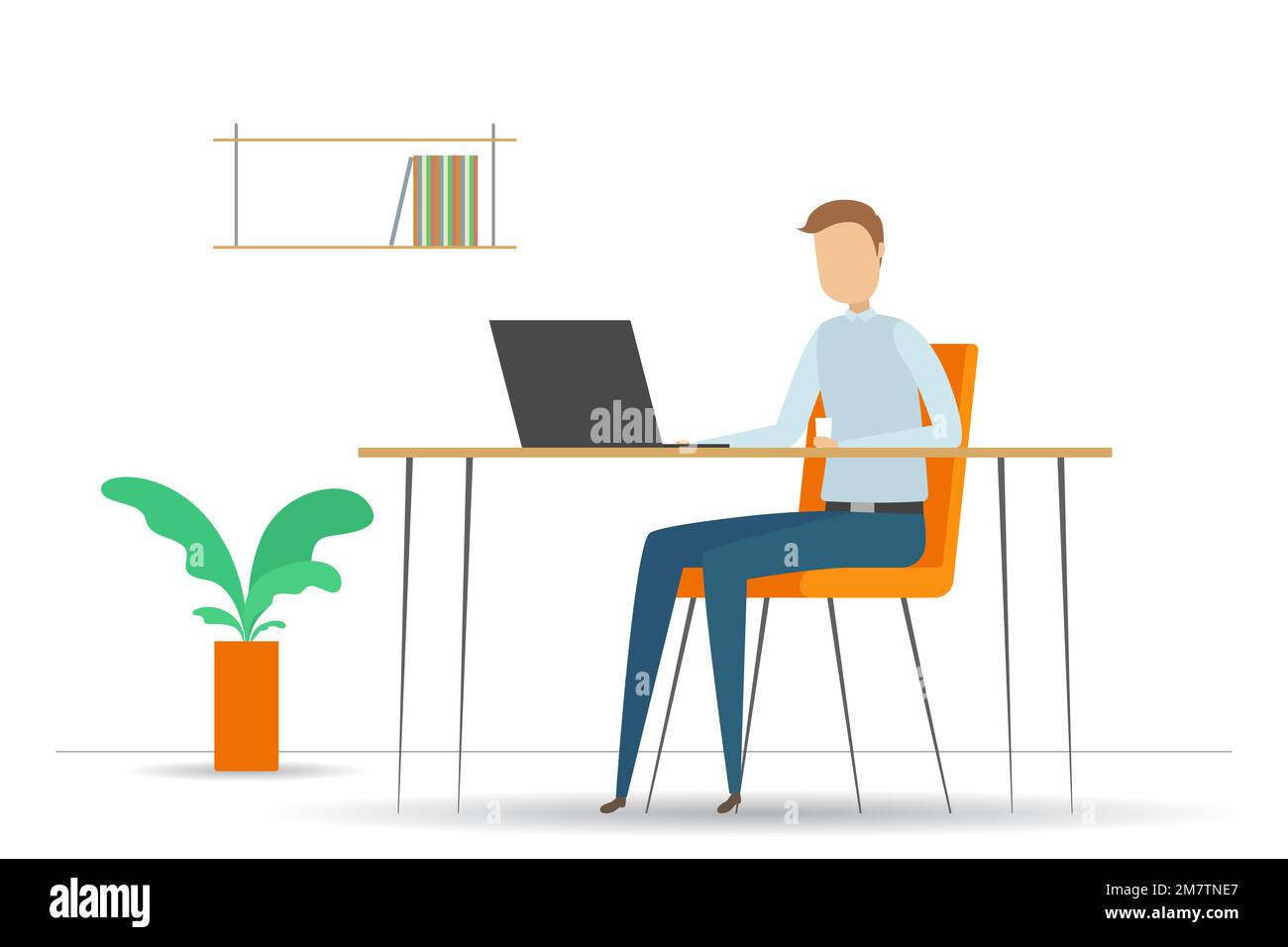 Uomo che lavora su un computer portatile in ufficio. Illustrazione vettoriale. Illustrazione Vettoriale