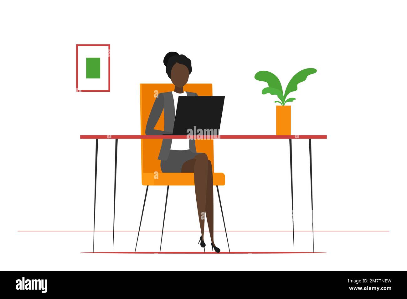 Donna africana che lavora su un notebook in ufficio. Illustrazione vettoriale. Illustrazione Vettoriale