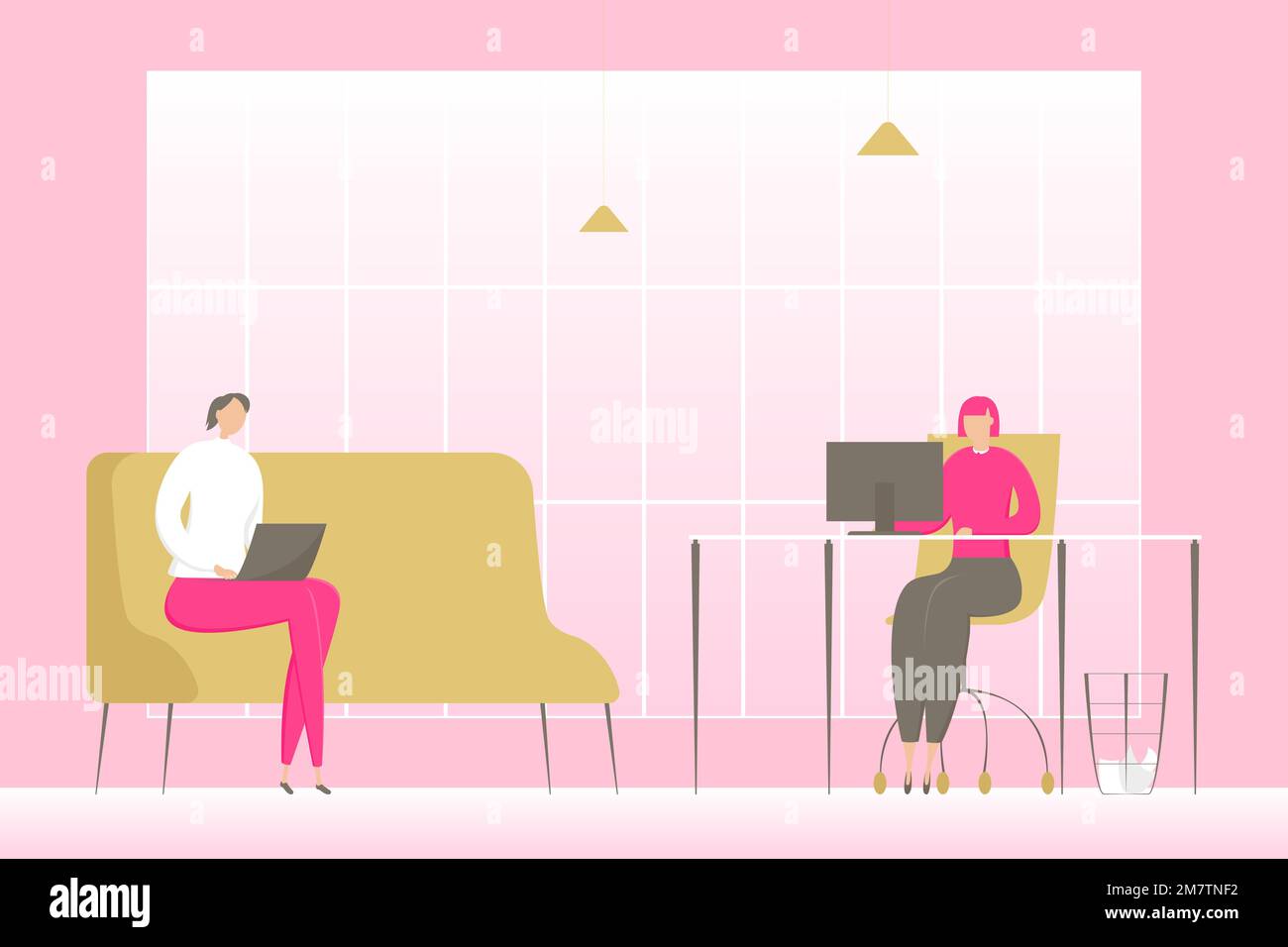 Due donne che lavorano sul computer portatile in ufficio. Illustrazione vettoriale. Illustrazione Vettoriale