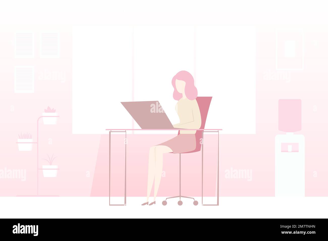 Donna che lavora su un notebook in ufficio. Illustrazione vettoriale. Illustrazione Vettoriale