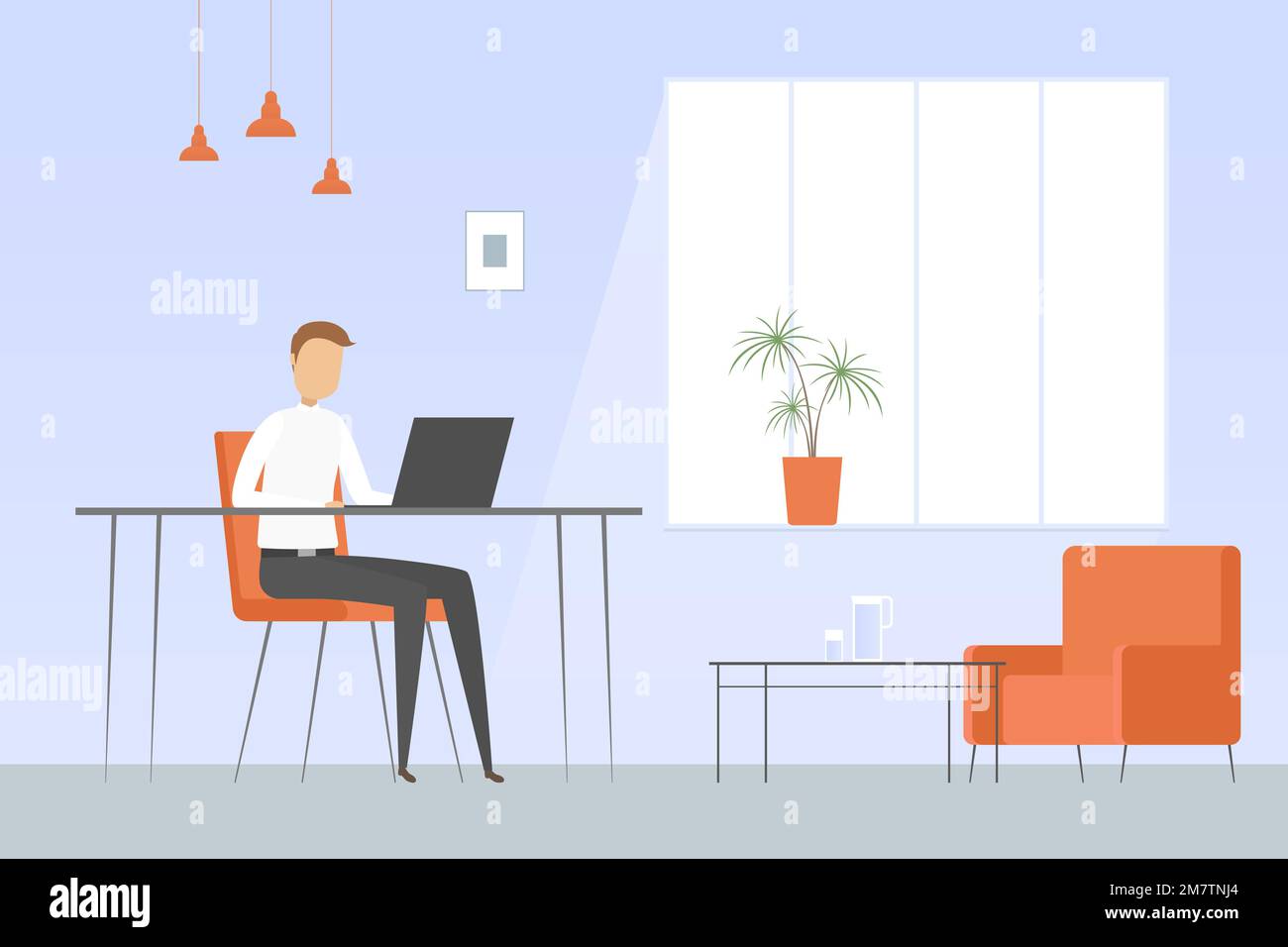 Uomo che lavora su un computer portatile in ufficio. Illustrazione vettoriale. Illustrazione Vettoriale