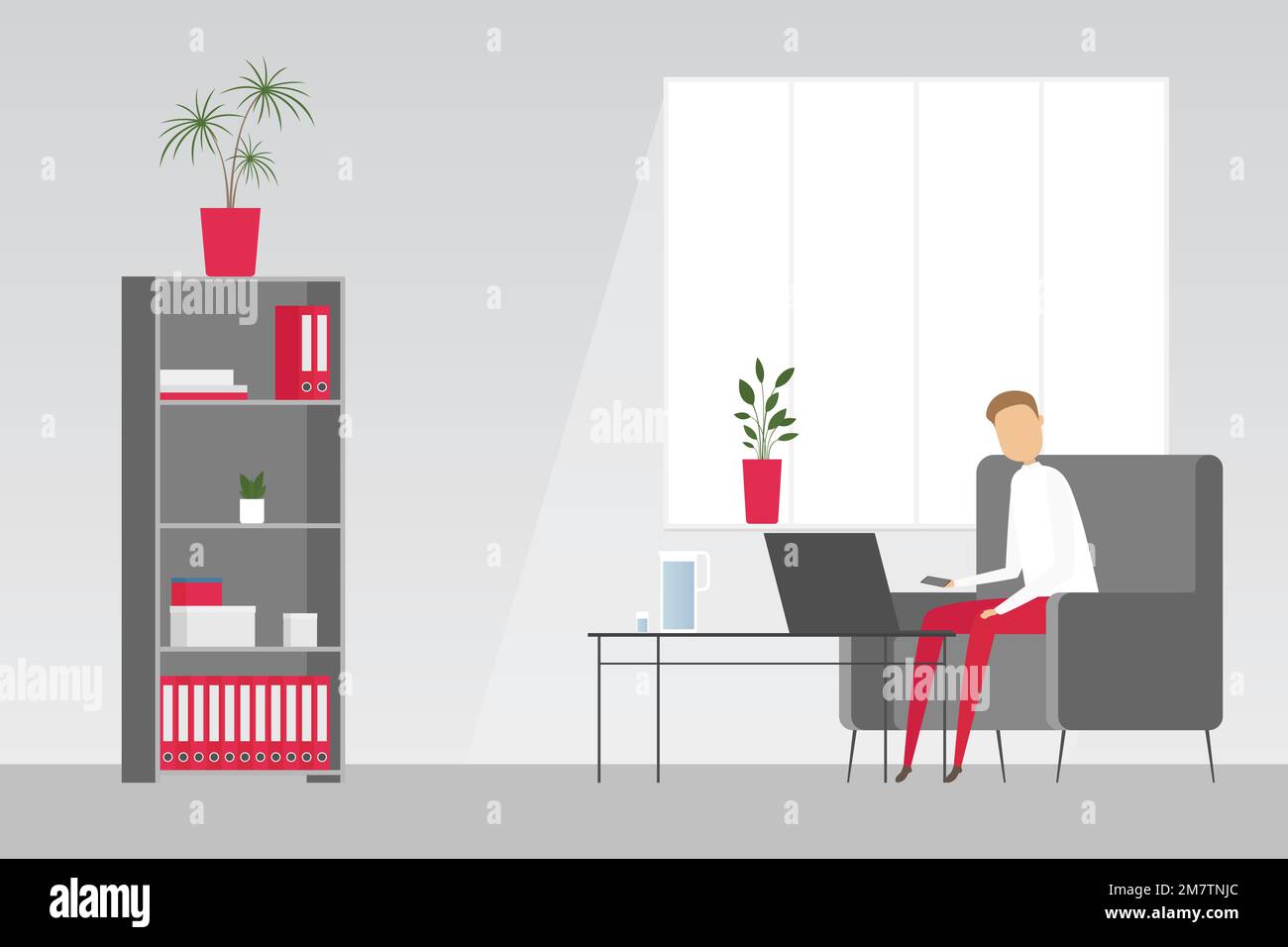 Impiegato seduto in sedia e lavorando su un computer portatile. Illustrazione vettoriale. Illustrazione Vettoriale