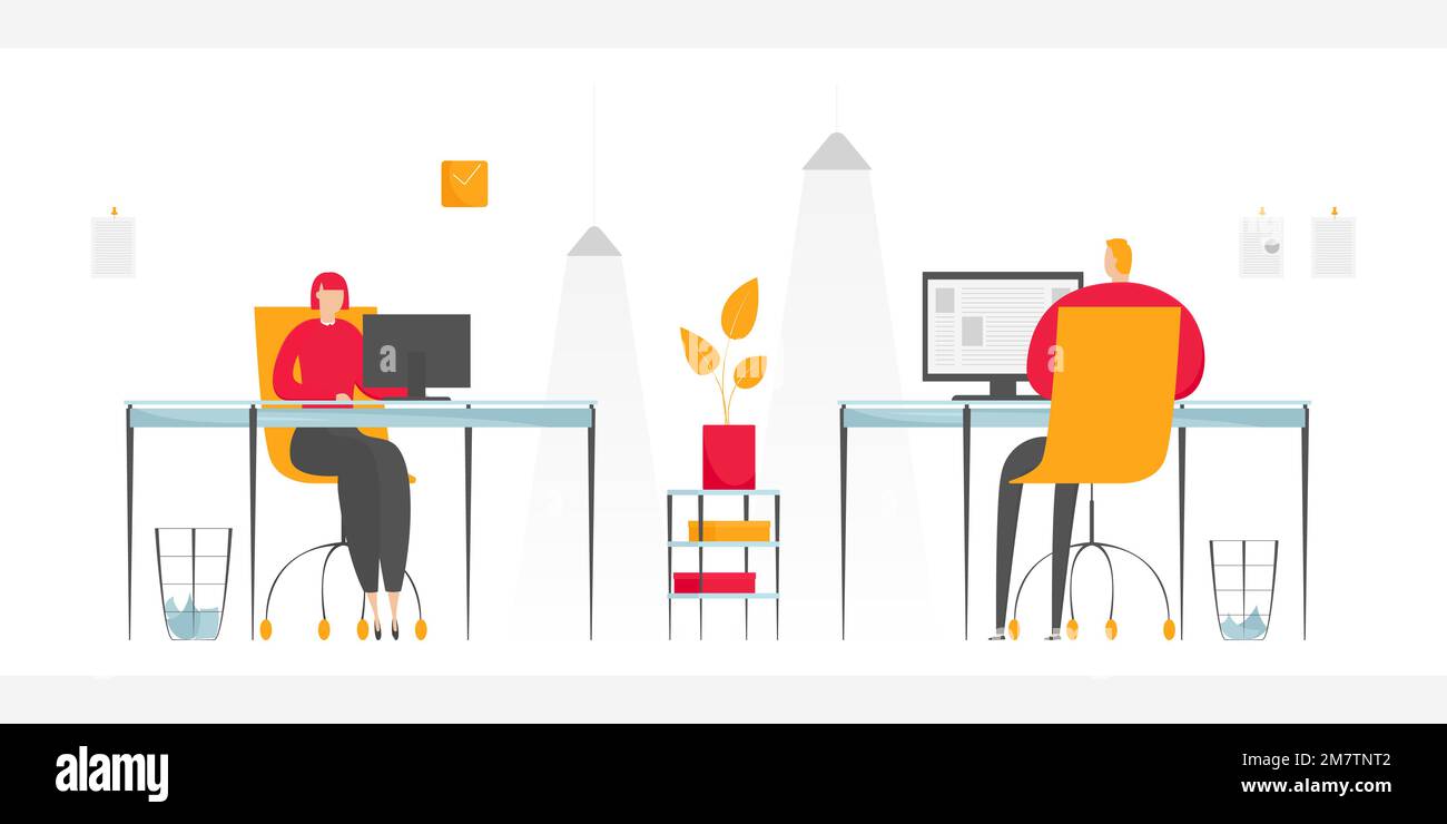 Colleghi che lavorano sui computer in ufficio. Illustrazione vettoriale. Illustrazione Vettoriale