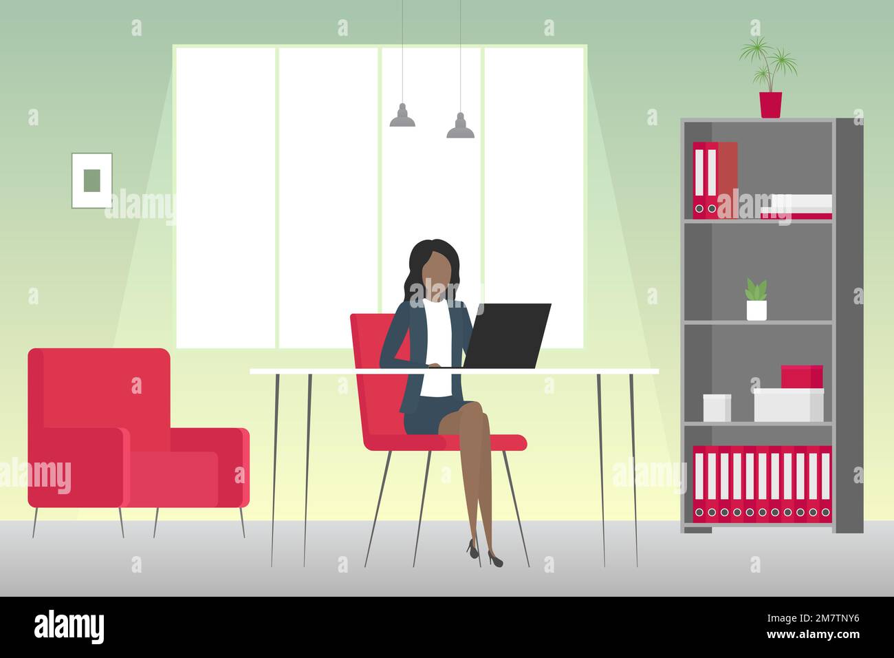 Donna africana seduta al tavolo e al lavoro sul notebook. Illustrazione vettoriale. Illustrazione Vettoriale