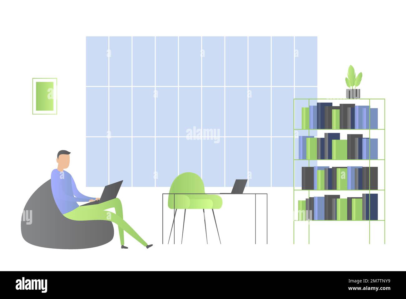 Uomo seduto in sedia e al lavoro sul computer portatile. Illustrazione vettoriale. Illustrazione Vettoriale