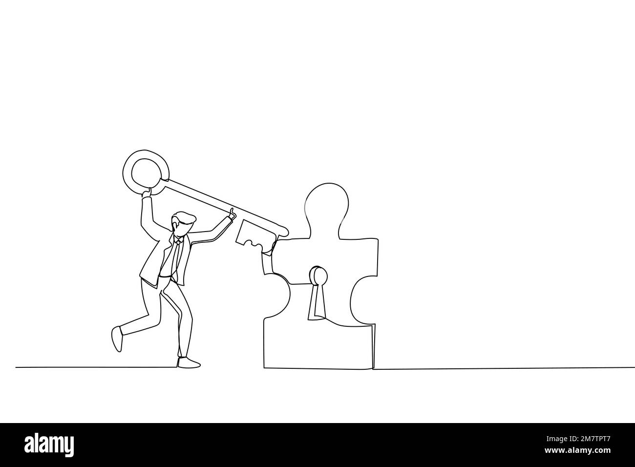 Cartone animato di giovane uomo d'affari in piedi apertura porta puzzle con chiave grande. Metafora per raggiungere l'obiettivo, la soluzione e il successo. ART a linea continua singola Illustrazione Vettoriale