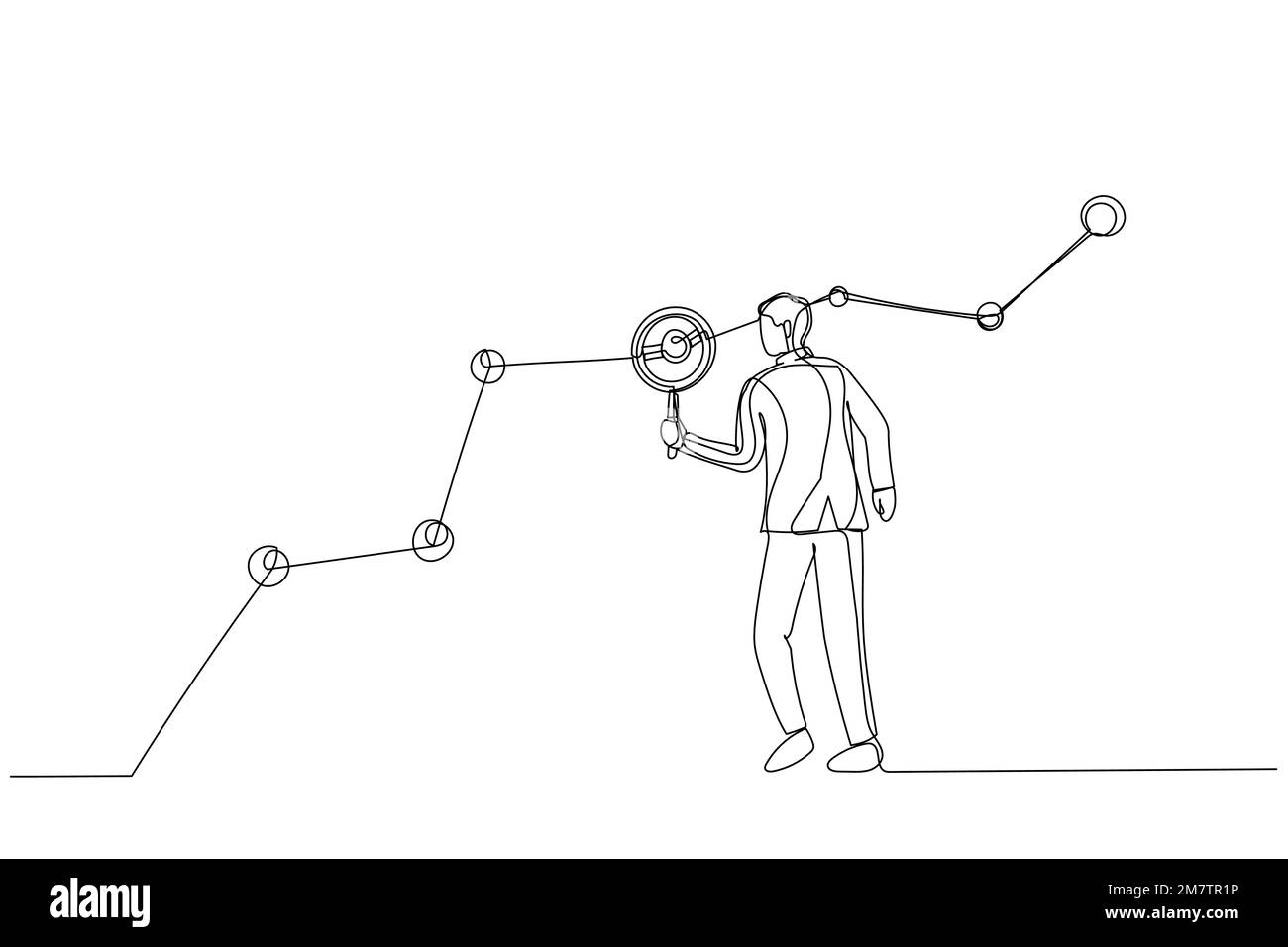 Disegno del marketer dell'uomo d'affari che tiene la lente d'ingrandimento analizza grafico e grafico dei dati del cliente. Stile artistico a linea singola Illustrazione Vettoriale