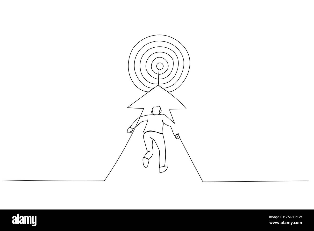Cartone animato di uomo d'affari che corre al bersaglio. Metafora per raggiungere l'obiettivo. Linea continua ART Illustrazione Vettoriale