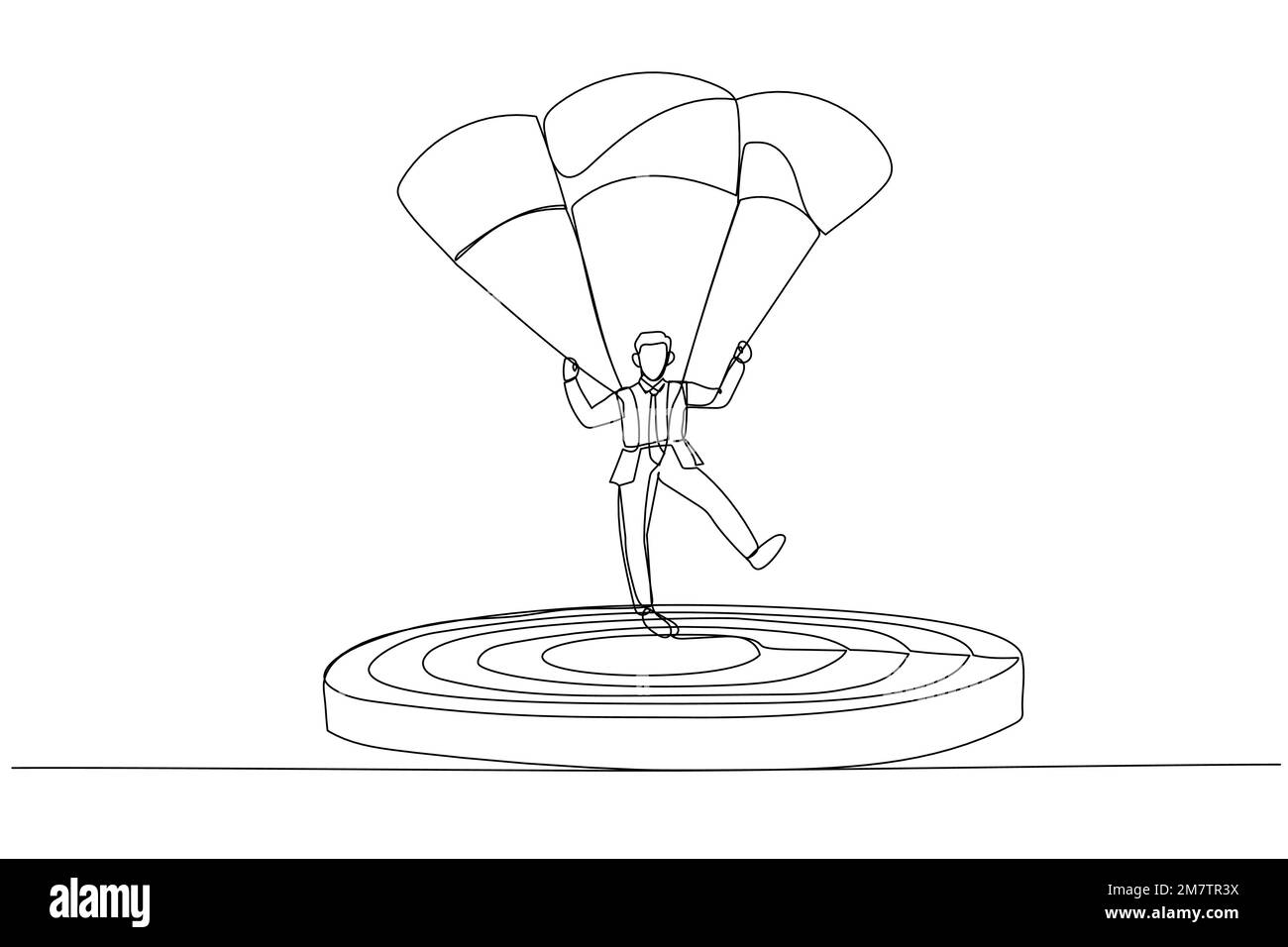 Cartone animato di uomo d'affari focalizzato su un obiettivo con paracadute. Stile artistico a linea continua Illustrazione Vettoriale