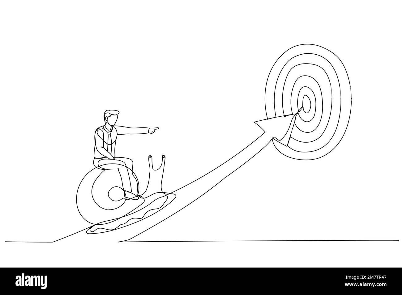 Illustrazione di un uomo d'affari provato a cavallo lumaca lento a piedi sulla freccia per raggiungere l'obiettivo. Metafora del lento progresso aziendale, della pigrizia o della procrastinazione Illustrazione Vettoriale