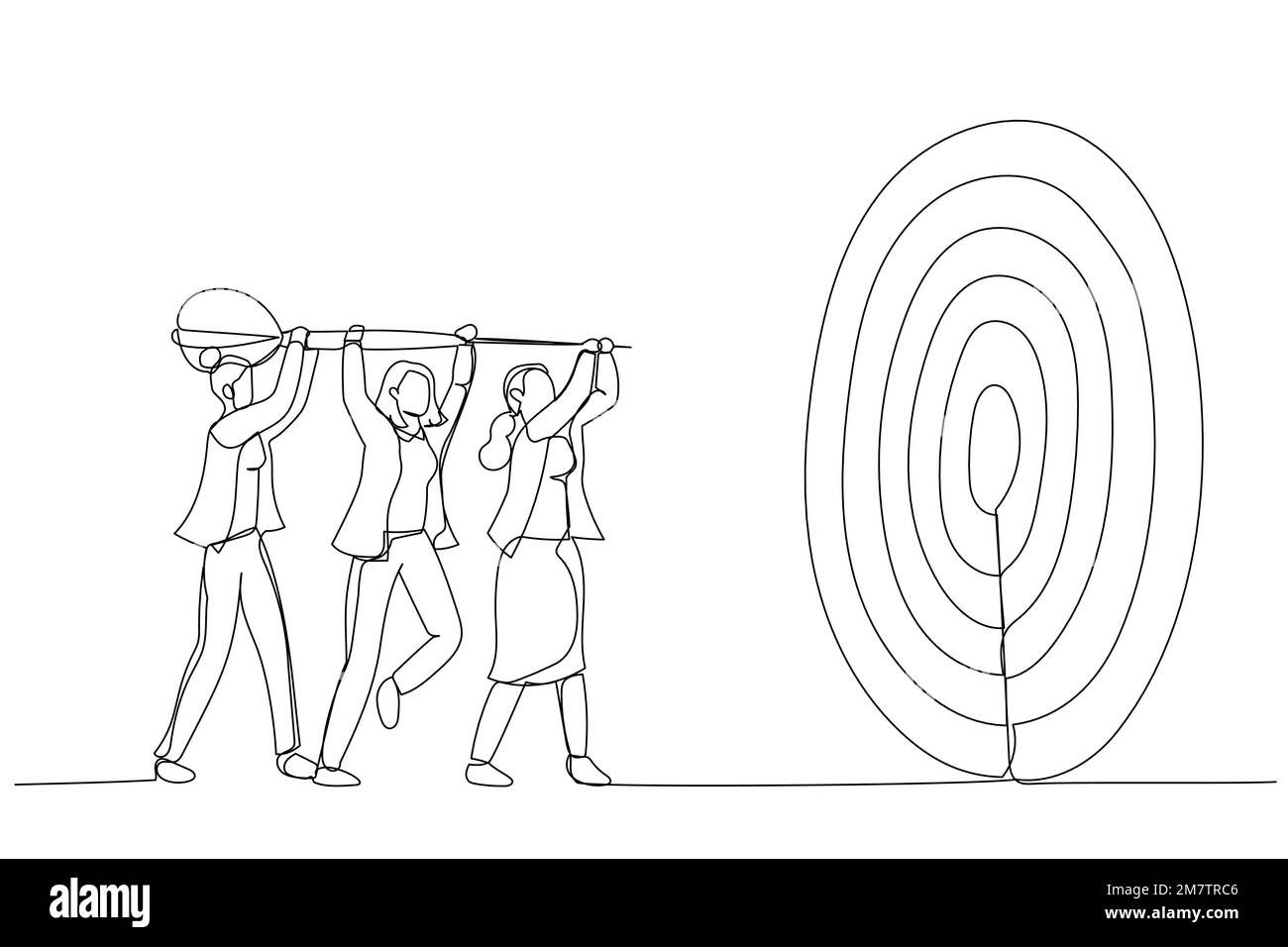 Illustrazione dell'aiuto della donna d'affari che tiene la darte che mira sull'obiettivo del bullseye. Metafora per l'obiettivo del team, collaborazione tra team. Stile artistico a linea singola Illustrazione Vettoriale