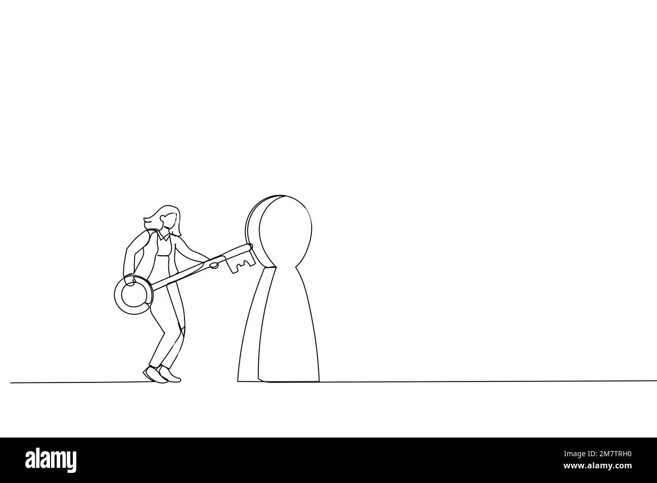 Illustrazione di una donna d'affari che tiene la chiave e corre per sbloccare il keyhole per raggiungere il bersaglio. Metafora per conoscere il segreto per crescere il business e cogliere op Illustrazione Vettoriale