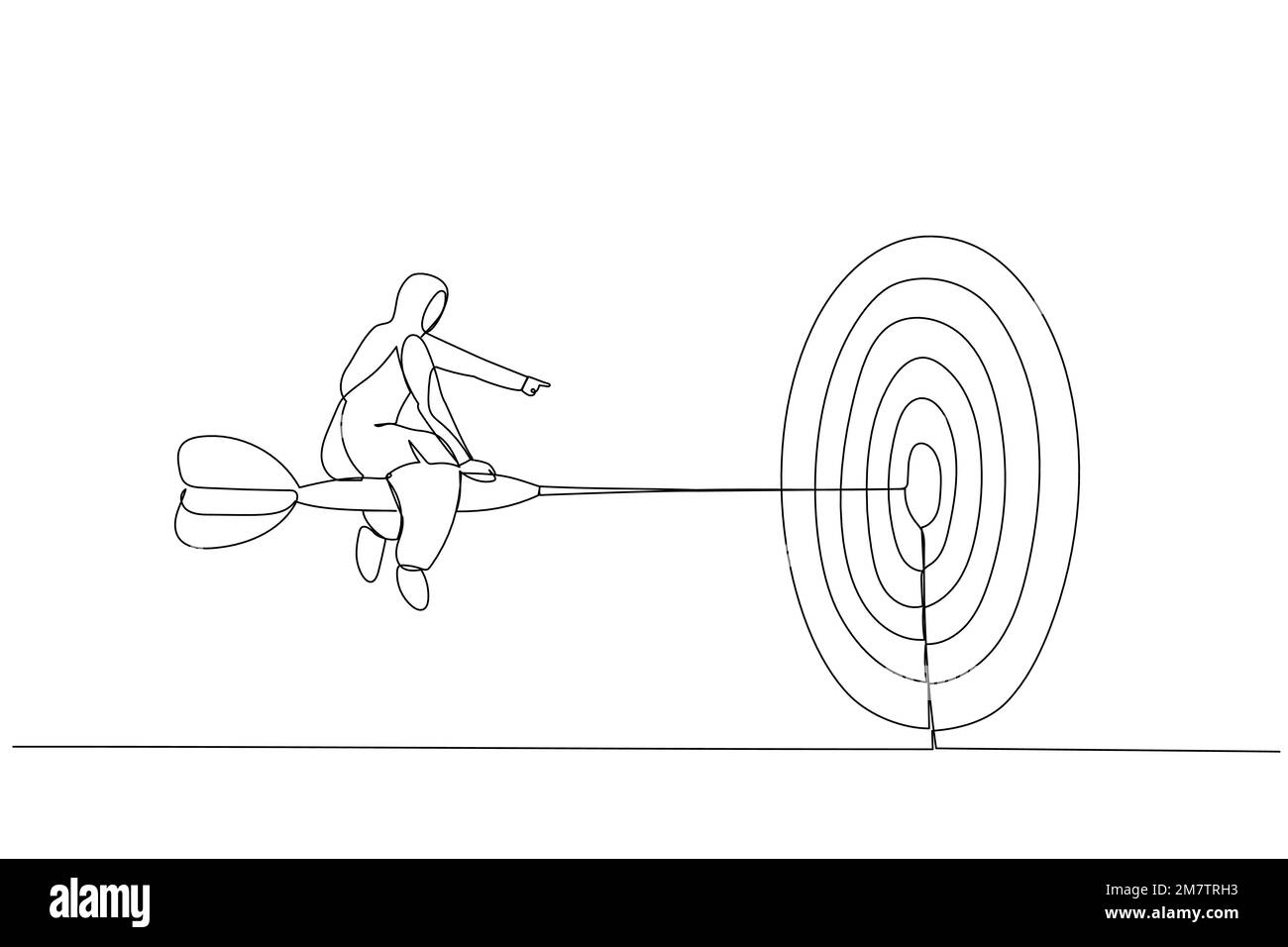 Illustrazione di fiducia donna d'affari in sella a dardo che mira per l'obiettivo. Metafora per obiettivo, obiettivo e strategia. Stile artistico a linea continua singola Illustrazione Vettoriale