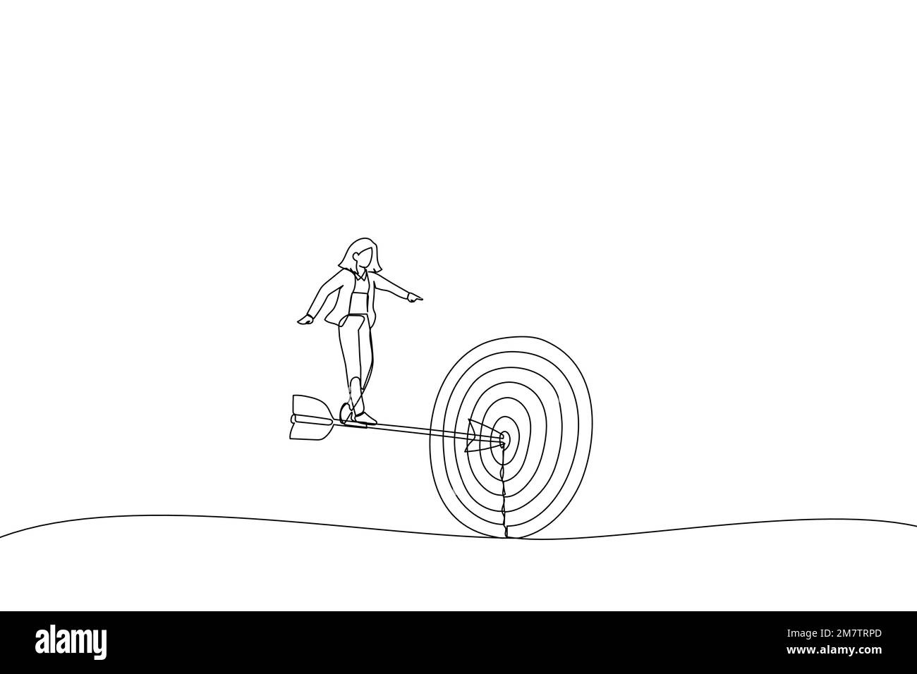 Cartone animato di businesswoman in piedi sulla freccia ha colpito l'obiettivo. il concetto aziendale di precisione e scopo. Stile artistico a linea continua singola Illustrazione Vettoriale