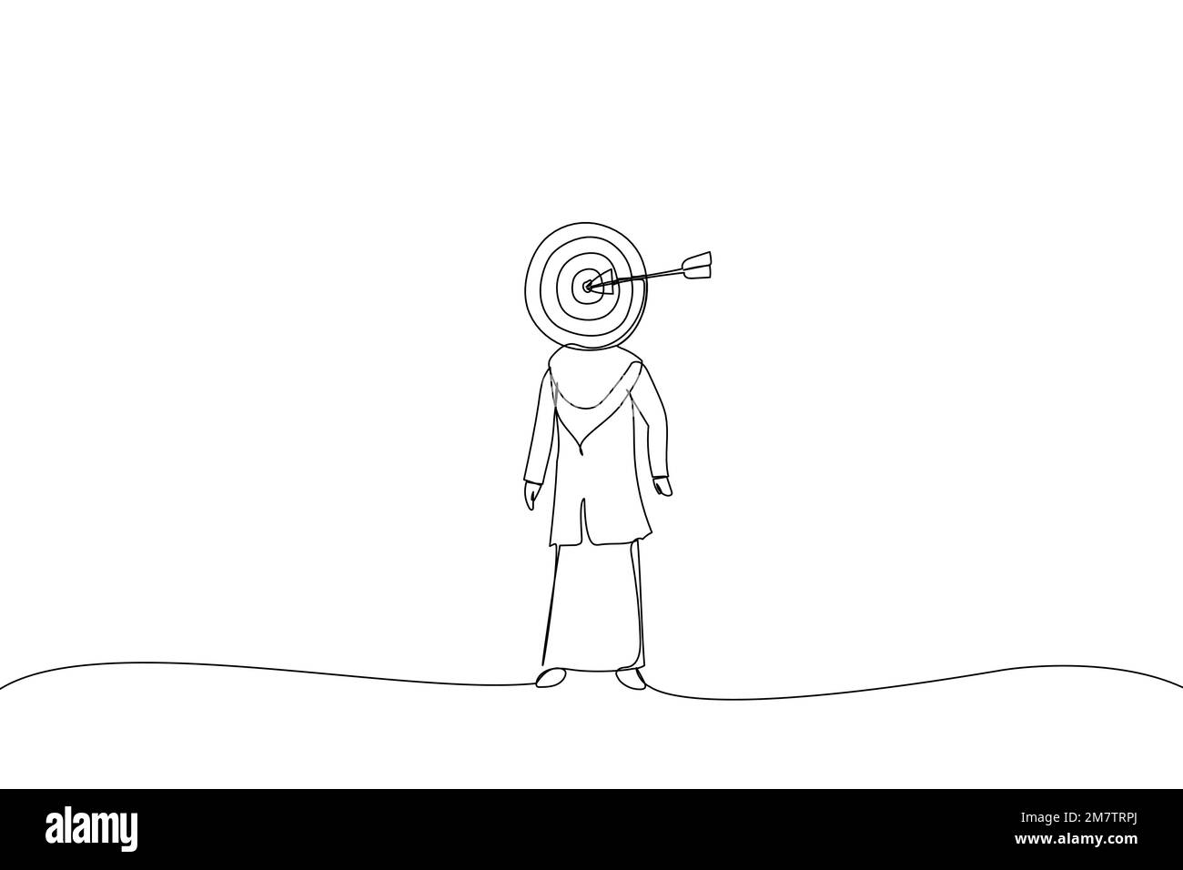 Cartone animato di donna d'affari musulmana in piedi come bersaglio umano, metafora per obiettivo di concorrenza di affari. Stile artistico a linea continua Illustrazione Vettoriale