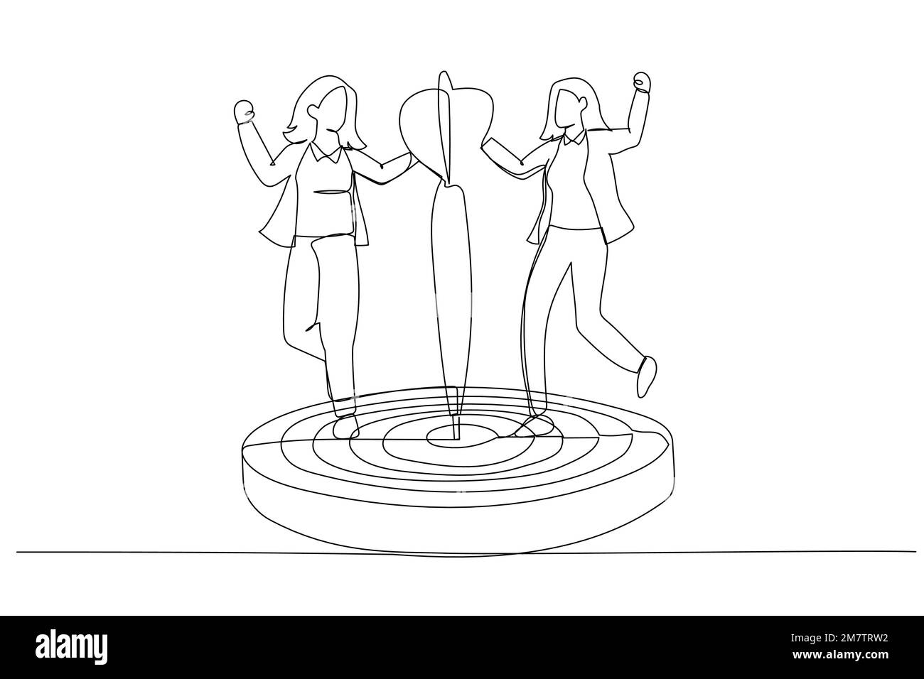 Cartone animato di donna di affari in un vestito di affari con un dardo nella sua mano. Concetto per raggiungere l'obiettivo. Stile artistico a una linea Illustrazione Vettoriale