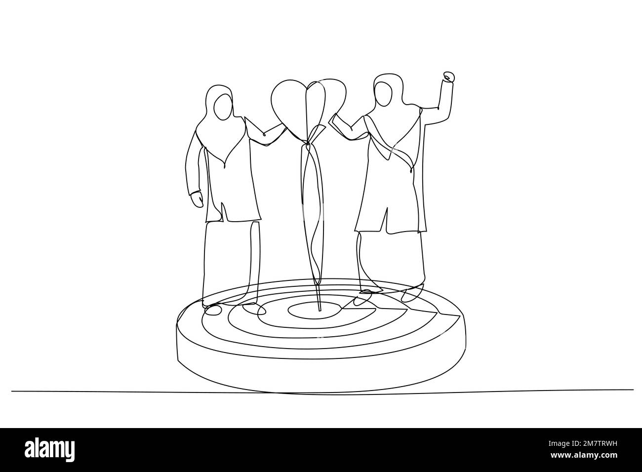 Cartone animato di donna di affari in un vestito di affari con un dardo nella sua mano. Concetto per raggiungere l'obiettivo. Stile artistico a linea continua singola Illustrazione Vettoriale