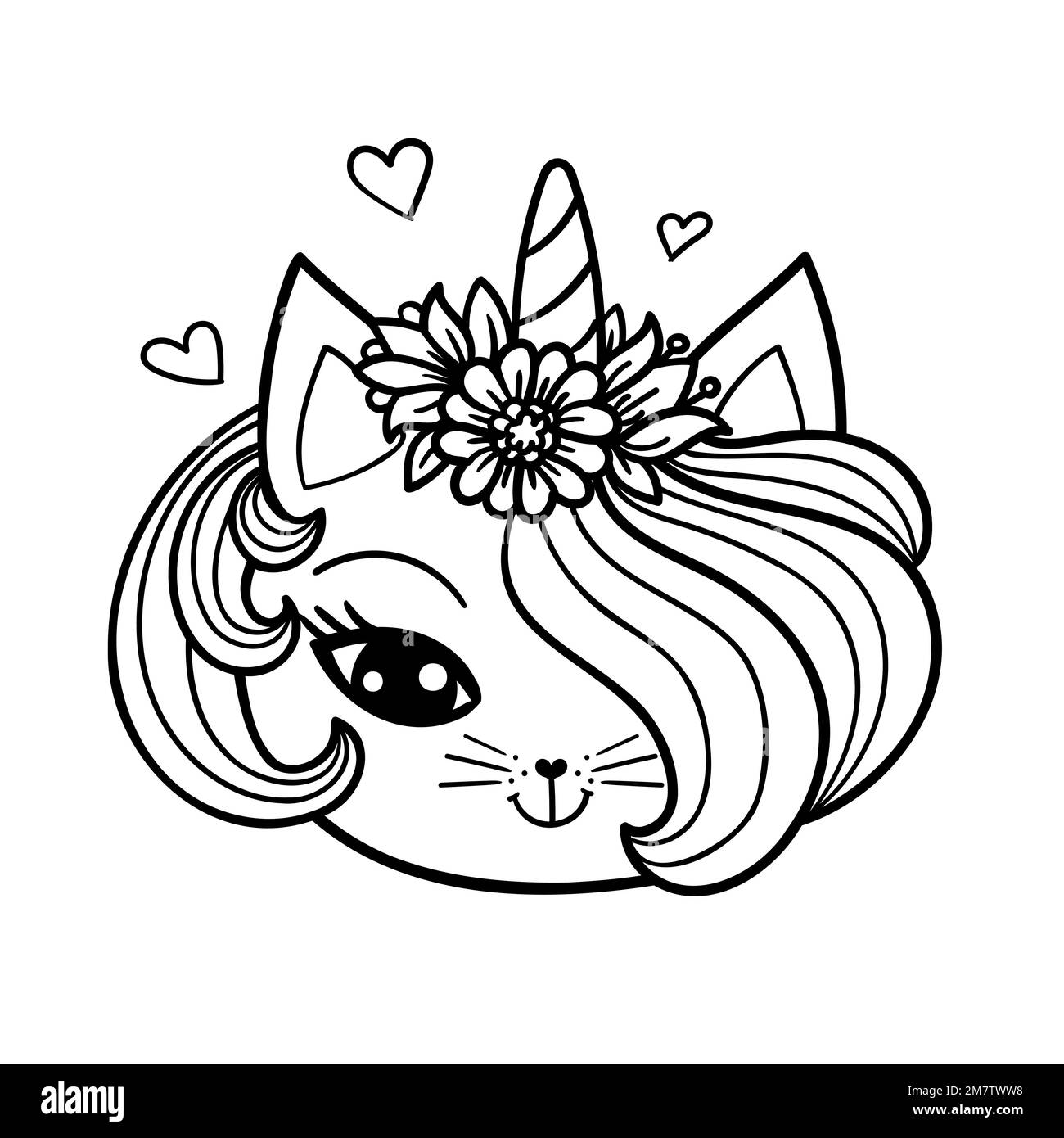 La testa di un simpatico gatto unicorno. Disegno lineare in bianco e nero. Stile Doodle. Per la progettazione di libri da colorare, stampe, poster, adesivi, posta Illustrazione Vettoriale