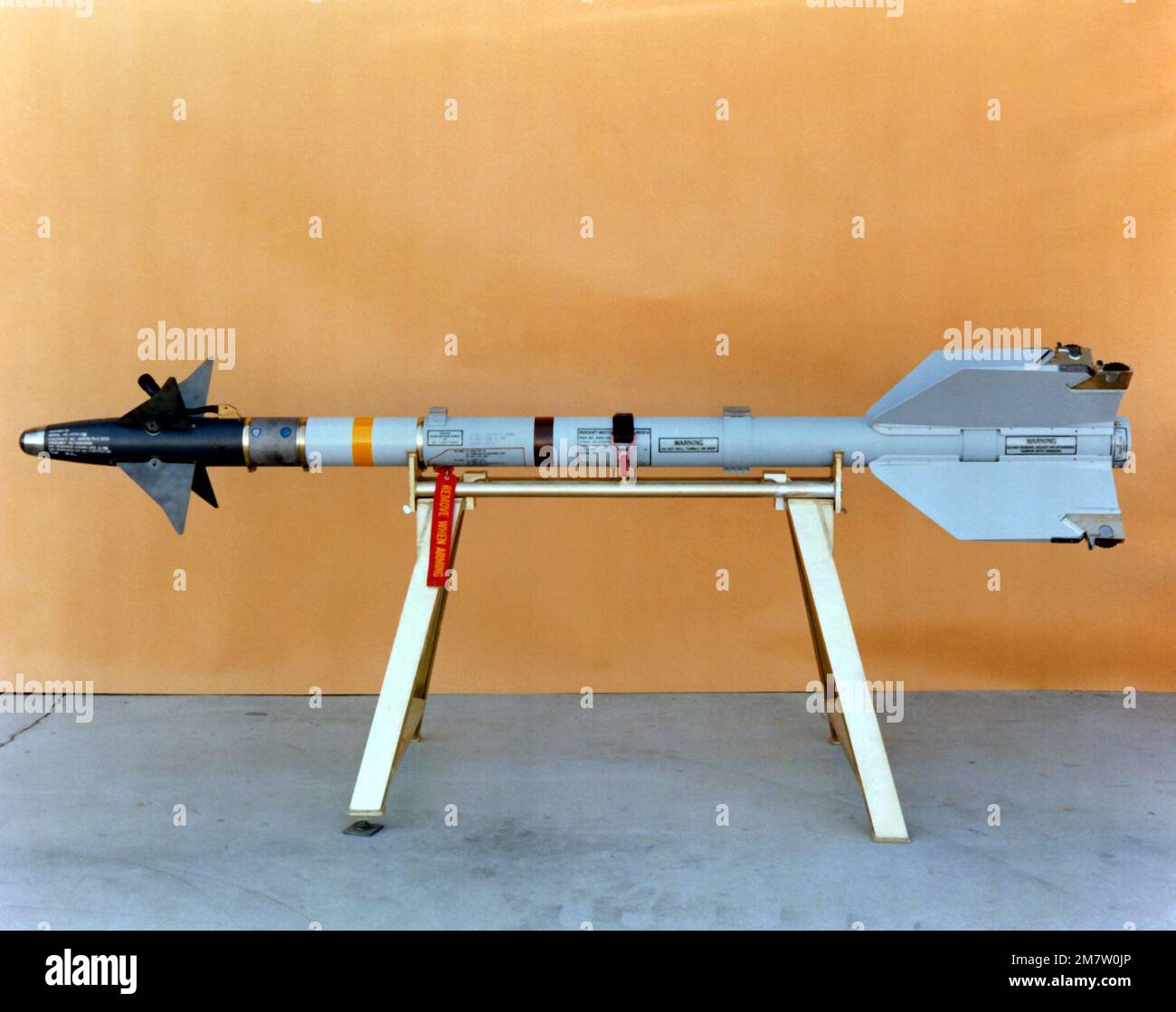 Vista laterale destra di un missile AIM-9L/M Sidewinder su un espositore. Paese: Sconosciuto Foto Stock