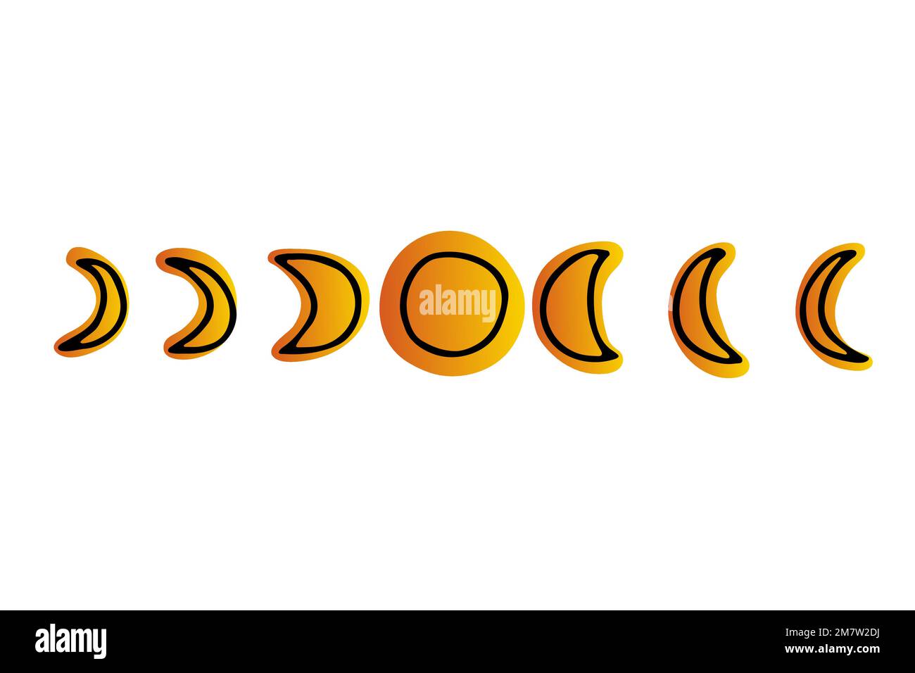 Immagine spazio doodle. Colore oro disegnato a mano fasi lunari isolate su sfondo bianco. Delineare l'oggetto astronomico. Segno di schizzo dell'universo. Astronomia, astr Illustrazione Vettoriale