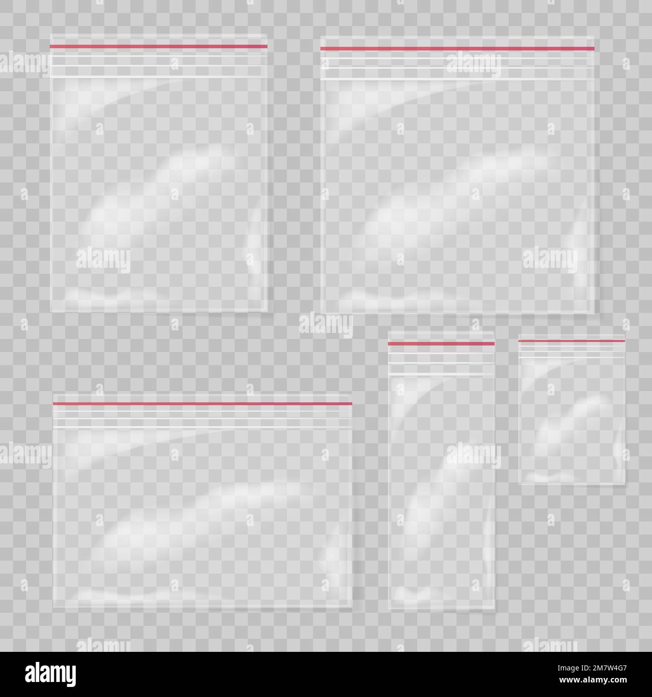 Set di sacchetti di plastica isolati su sfondo trasparente. Raccolta sacchetti vuoti in plastica trasparente. Illustrazione vettoriale. Illustrazione Vettoriale