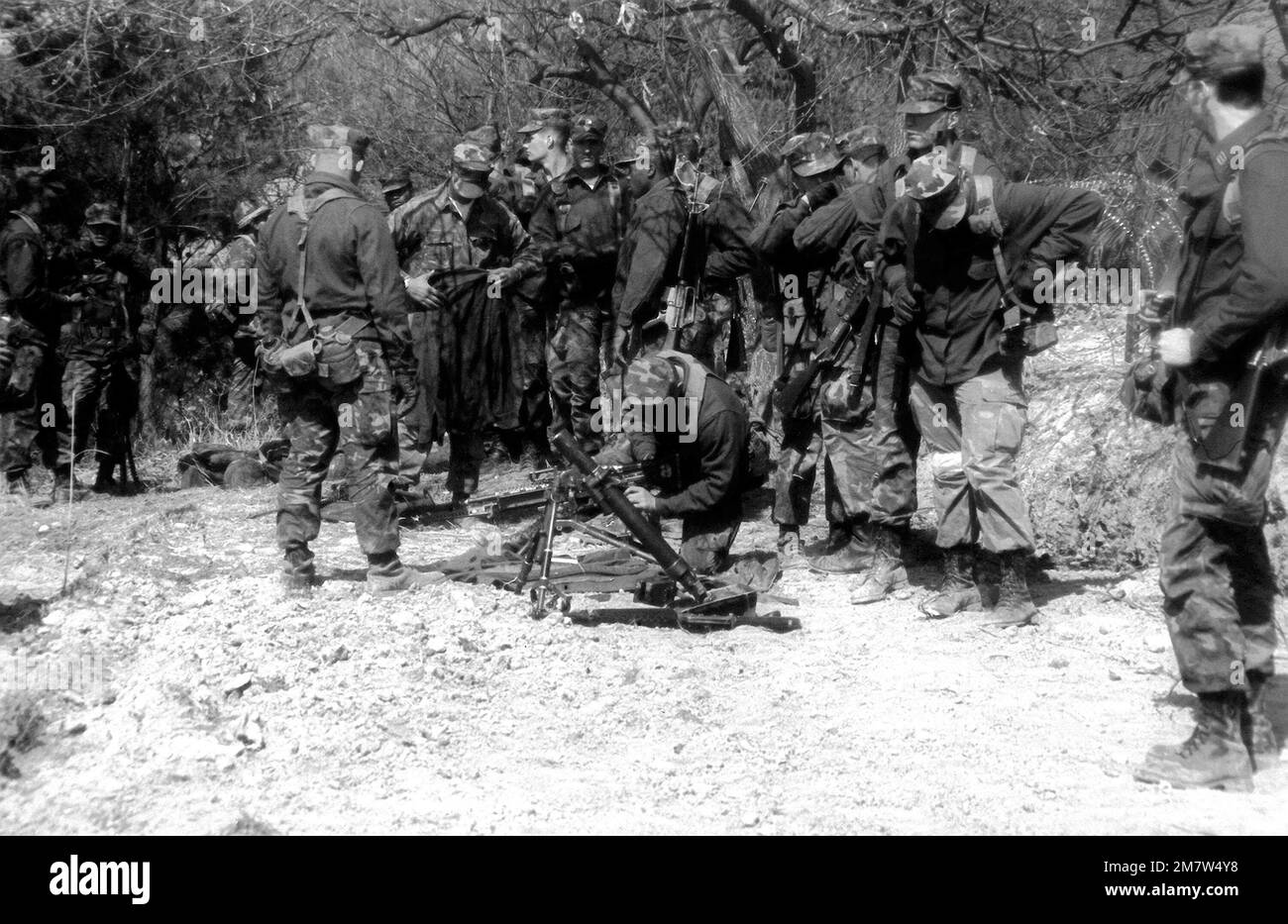STATI UNITI Marines ha creato mortai e mitragliatrici M-60 prima di una dimostrazione di sparo per i newsmen sudcoreani durante l'esercizio Team Spirit '82. Soggetto operativo/Serie: TEAM SPIRIT '82 base: Pohang Paese: Corea Foto Stock