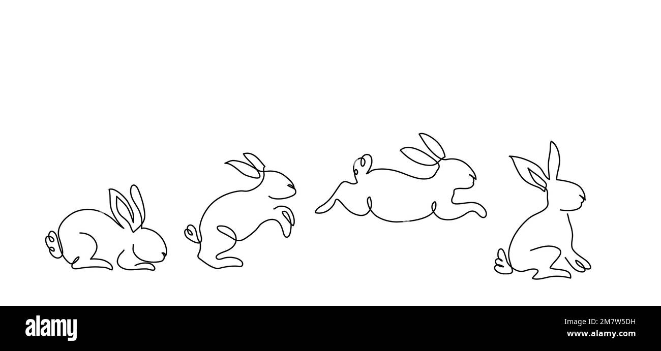 Correre, saltare coniglio, coniglietto, lepre. Set di illustrazioni vettoriali a linea continua Vector One. Coniglio nel salto Illustrazione Vettoriale