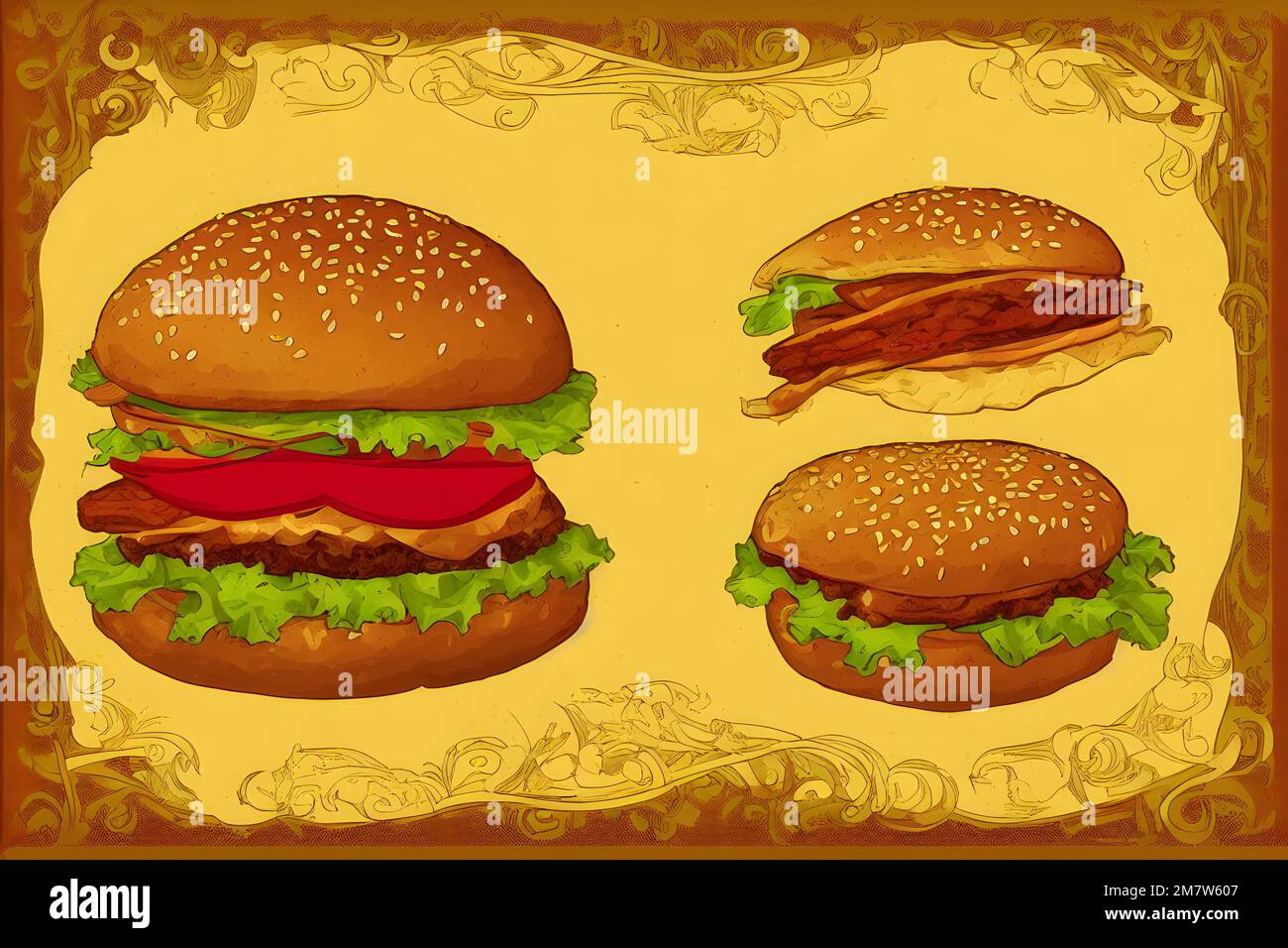 Illustrazione di hamburger in stile Art Nouveau, un classico fast food Foto Stock
