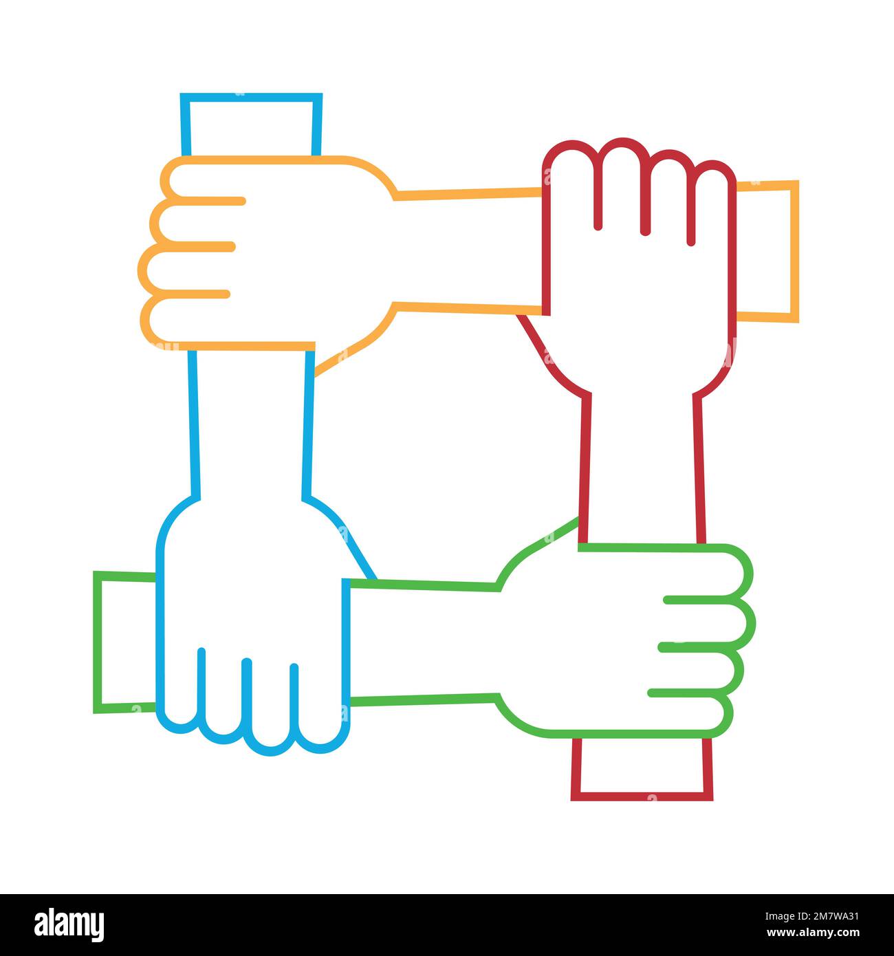 Quattro mani tengono insieme per il polso l'altro. Quattro mani collegate. Simbolo della convivenza. isolato su sfondo bianco. Illustrazione vettoriale. EPS 10 Illustrazione Vettoriale