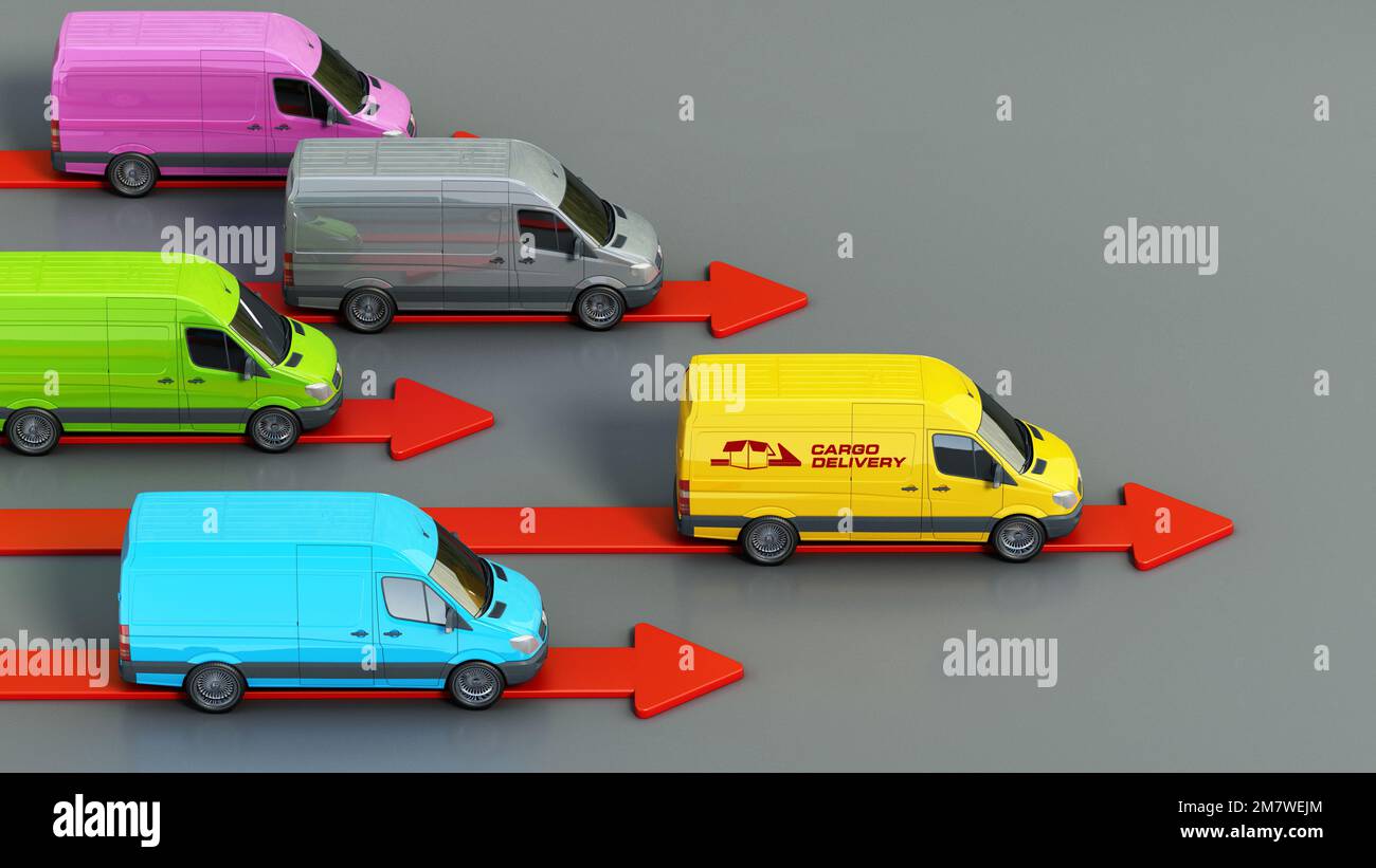 Furgone cargo giallo che precede altri furgoni. Concorrenza nel settore dei trasporti e della distribuzione. Illustrazione 3D. Foto Stock