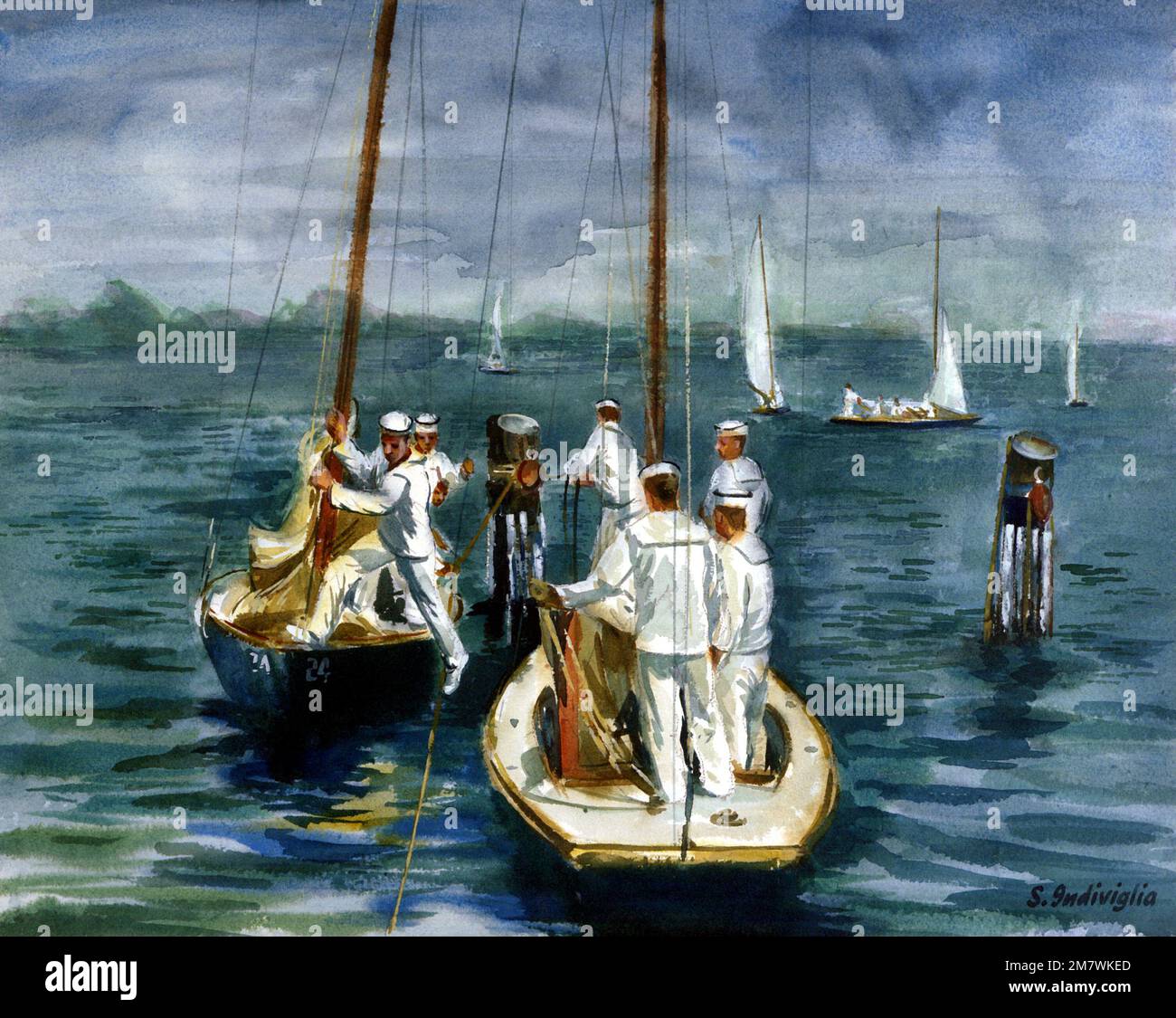 Illustrazione: 'Plebe Summer, Basic Sailing' artista: Salvatore indiviglia #31. Cortesia degli Stati Uniti Navy Combat Art Center. Paese: Sconosciuto Foto Stock