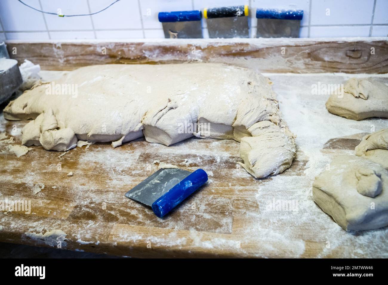 Lasson (Francia nord-orientale): Panificazione nella bottega di un panificio, contadino e panettiere della fattoria “Ferme de la Fringale”. I tre coltivatore-panettiere Foto Stock