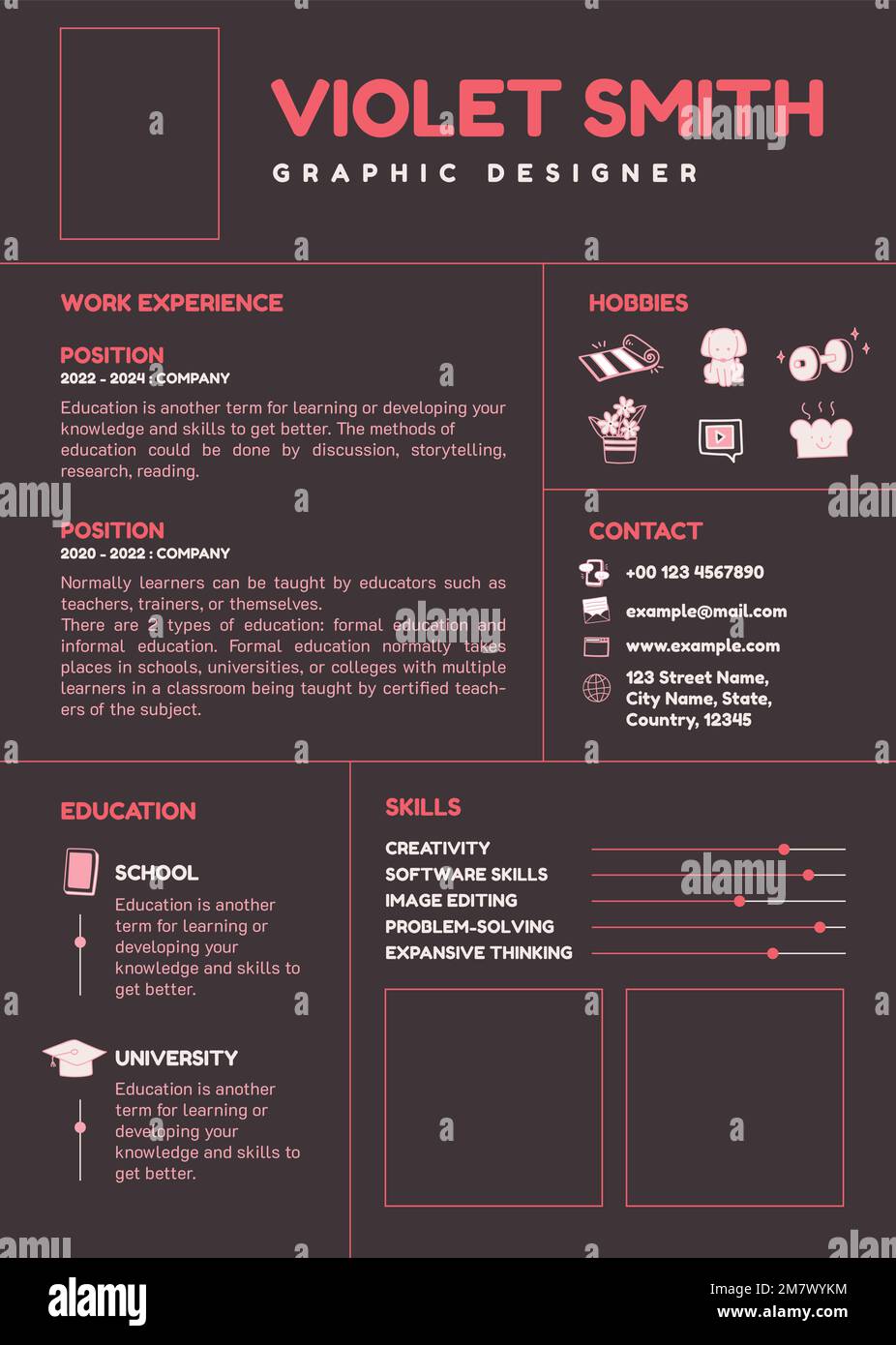 CV femminile con template vettoriale modificabile per i professionisti e i livelli di ingresso Illustrazione Vettoriale
