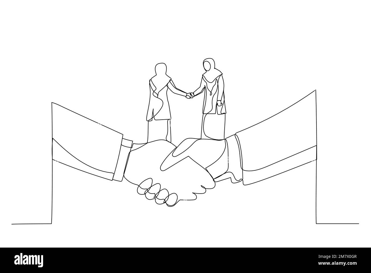 Cartone animato di donna musulmana che scuote le mani e che fa l'affare levandosi in piedi sulla mano gigante. Metafora per le piccole e grandi imprese. Stile artistico a una linea Illustrazione Vettoriale