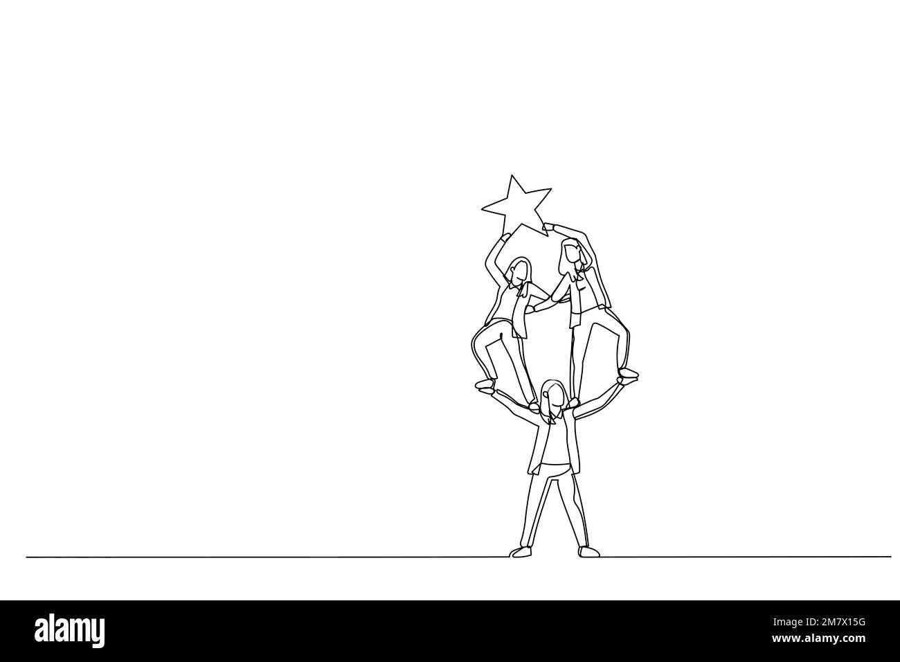 Cartone animato di businesswoman aiutare e sostenere il suo team può salire e raggiungere la stella. Stile artistico a linea continua singola Illustrazione Vettoriale