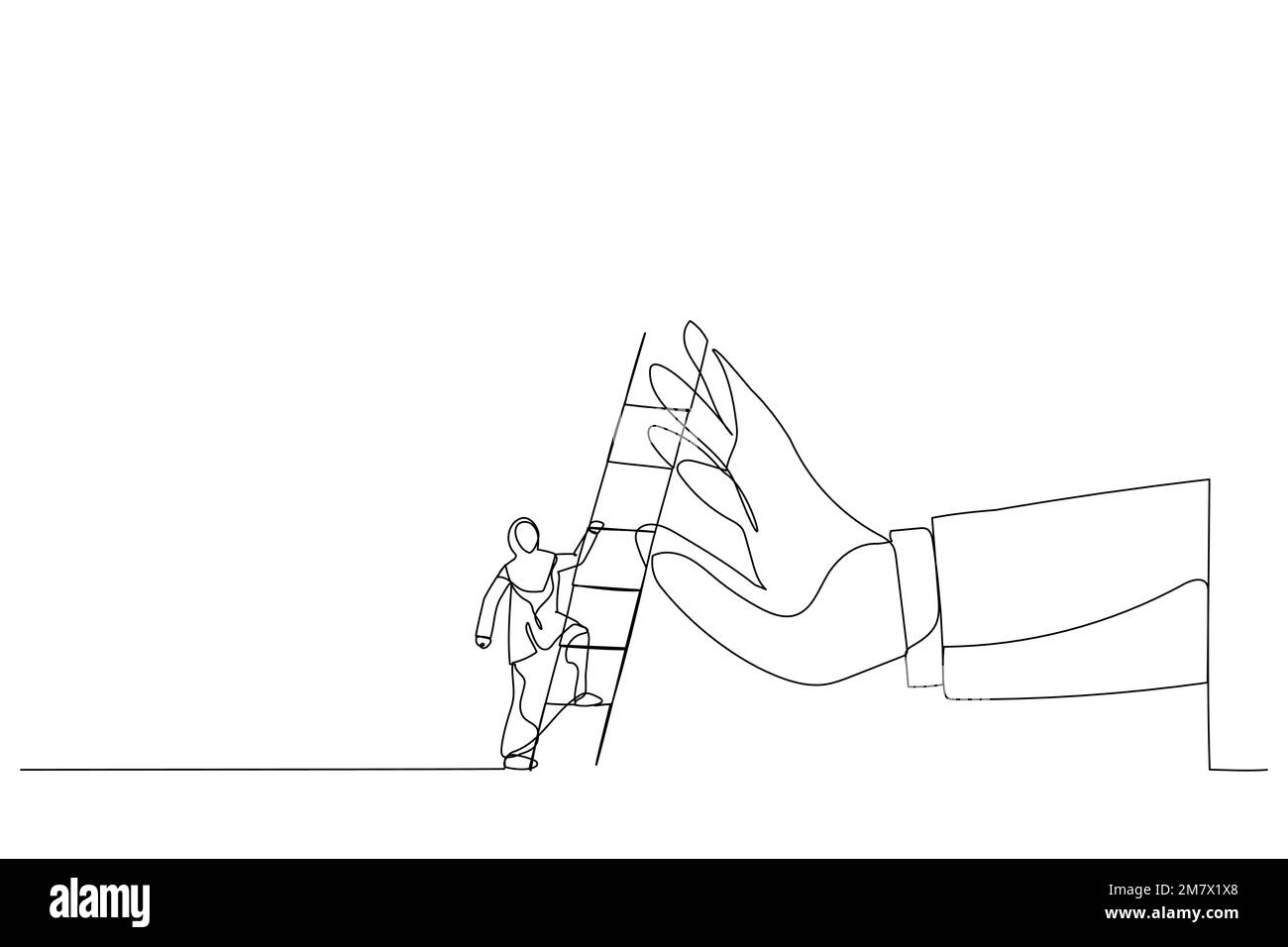 Disegno di una donna d'affari araba in procinto di salire la scala per superare la mano gigante fermandolo. Metafora per superare ostacolo di affari, barriera o diffic Illustrazione Vettoriale