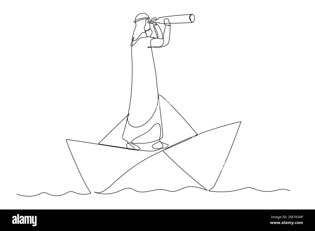 L'illustrazione dell'uomo d'affari arabo guarda attraverso un telescopio in piedi sul vettore di barca di carta, illustrazione di concetto di affari. Uno stile artistico a linea continua Illustrazione Vettoriale