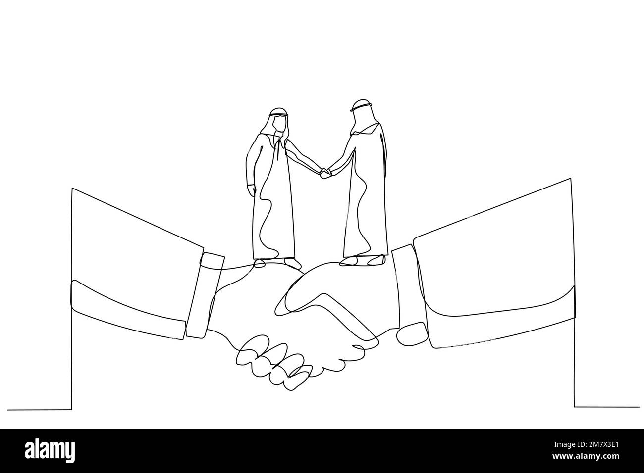 Disegno dell'uomo d'affari arabo che scuote le mani e che fa l'affare levarsi in piedi sulla mano gigante. Metafora per le piccole e grandi imprese. Stile artistico a linea singola Illustrazione Vettoriale