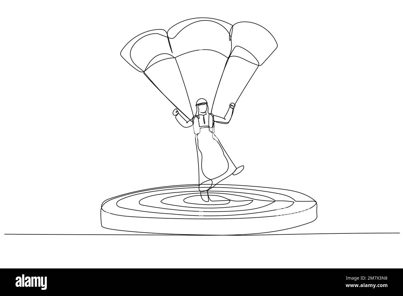 Cartone animato di un uomo d'affari arabo focalizzato su un obiettivo con paracadute. Stile artistico a una linea Illustrazione Vettoriale