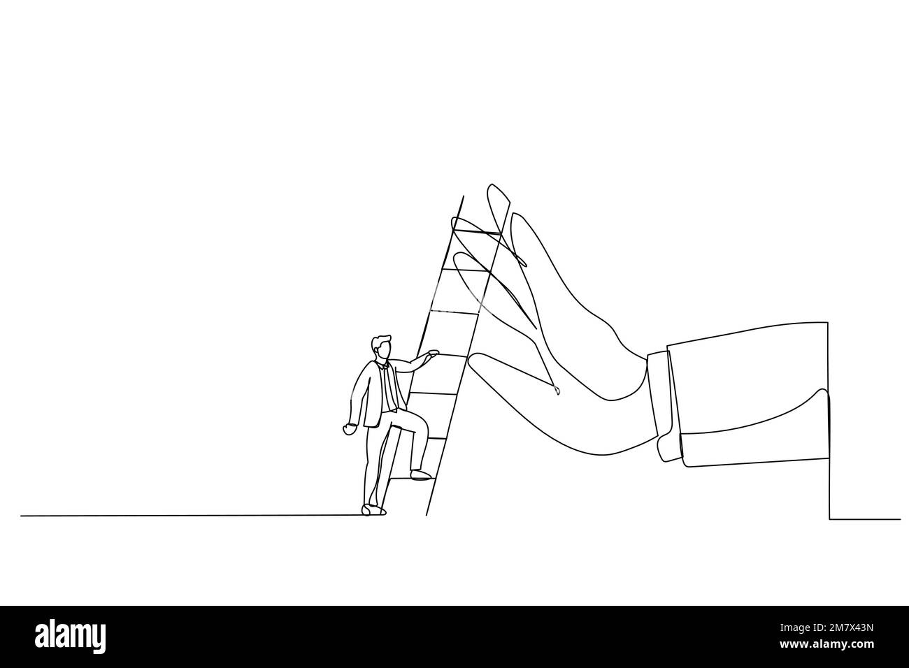 Illustrazione di un uomo d'affari ambizioso in procinto di salire la scala per superare la mano gigante che lo ferma. Metafora per superare ostacolo di affari, barriera o Illustrazione Vettoriale