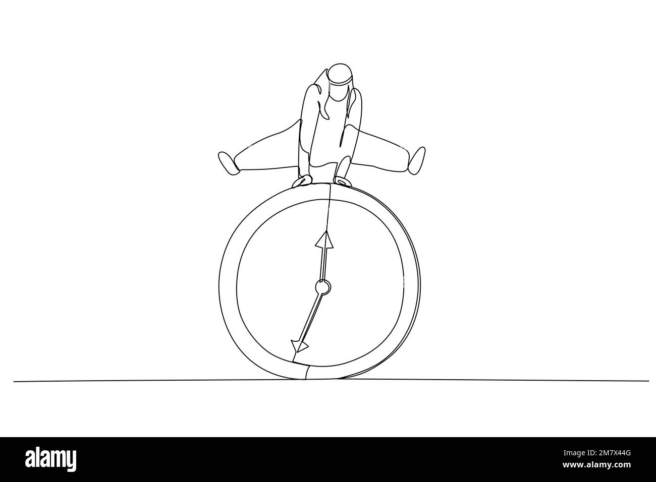 Cartone animato di lavoratore dipendente arabo uomo d'affari salto nel tempo che passa orologio. Scadenza aziendale o concetto di efficienza dell'orario di lavoro. Linea continua singola Illustrazione Vettoriale
