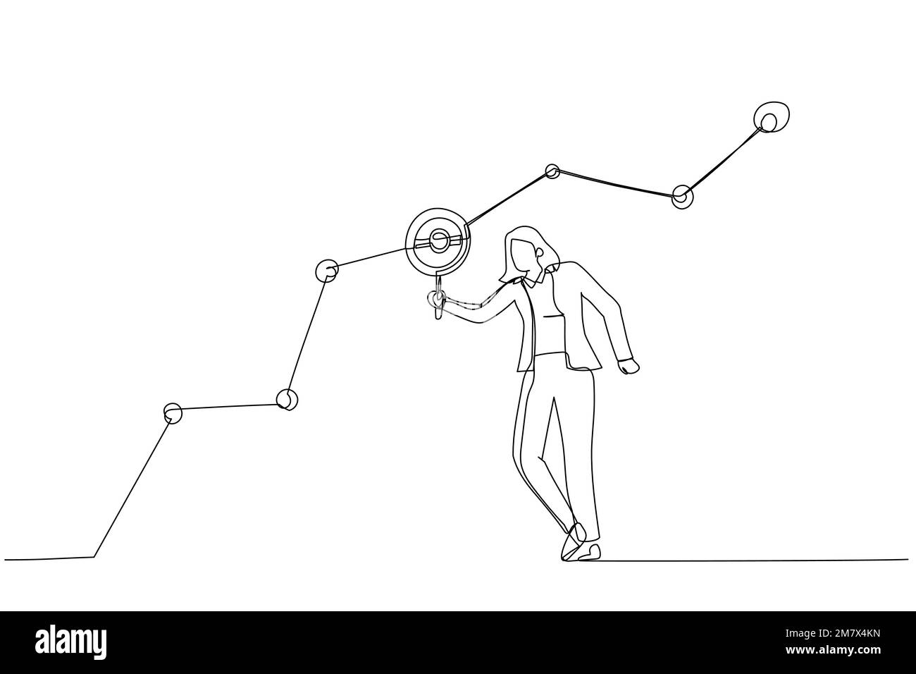 Cartoon di marketing donna d'affari con lente d'ingrandimento analizzare i dati del cliente grafico e grafico. Metafora per la ricerca del pubblico di destinazione di vendita. Uno Illustrazione Vettoriale