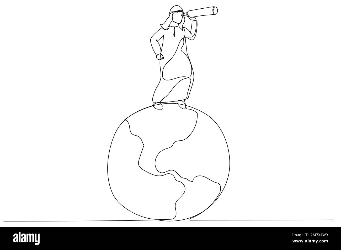 Illustrazione di un uomo d'affari arabo in piedi sul pianeta terra globo utilizzando il telescopio ricerca nuove opportunità. Globalizzazione, visione aziendale globale. Un lin Illustrazione Vettoriale