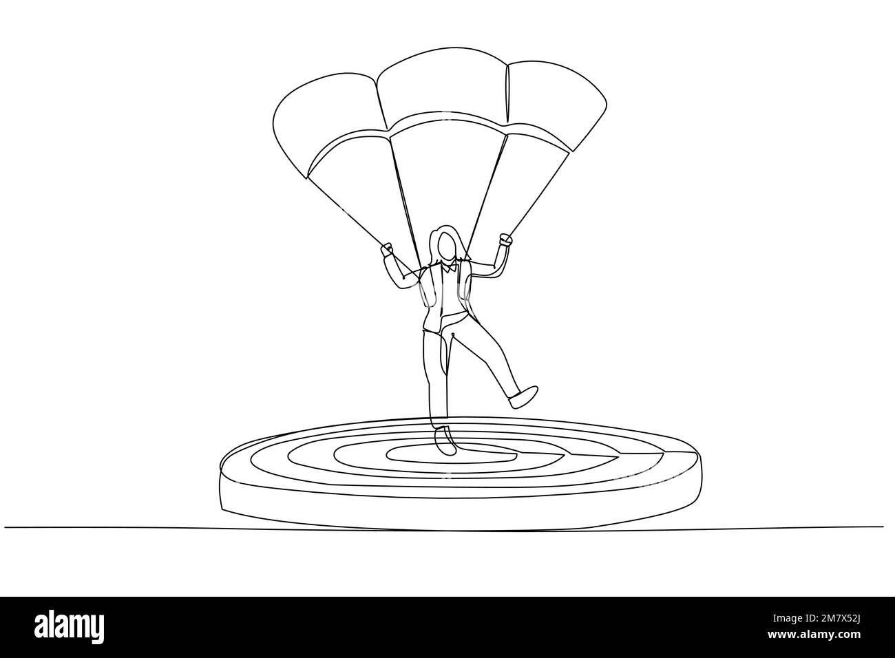 Illustrazione di una donna d'affari concentrata su un obiettivo con paracadute. Stile artistico a linea singola Illustrazione Vettoriale