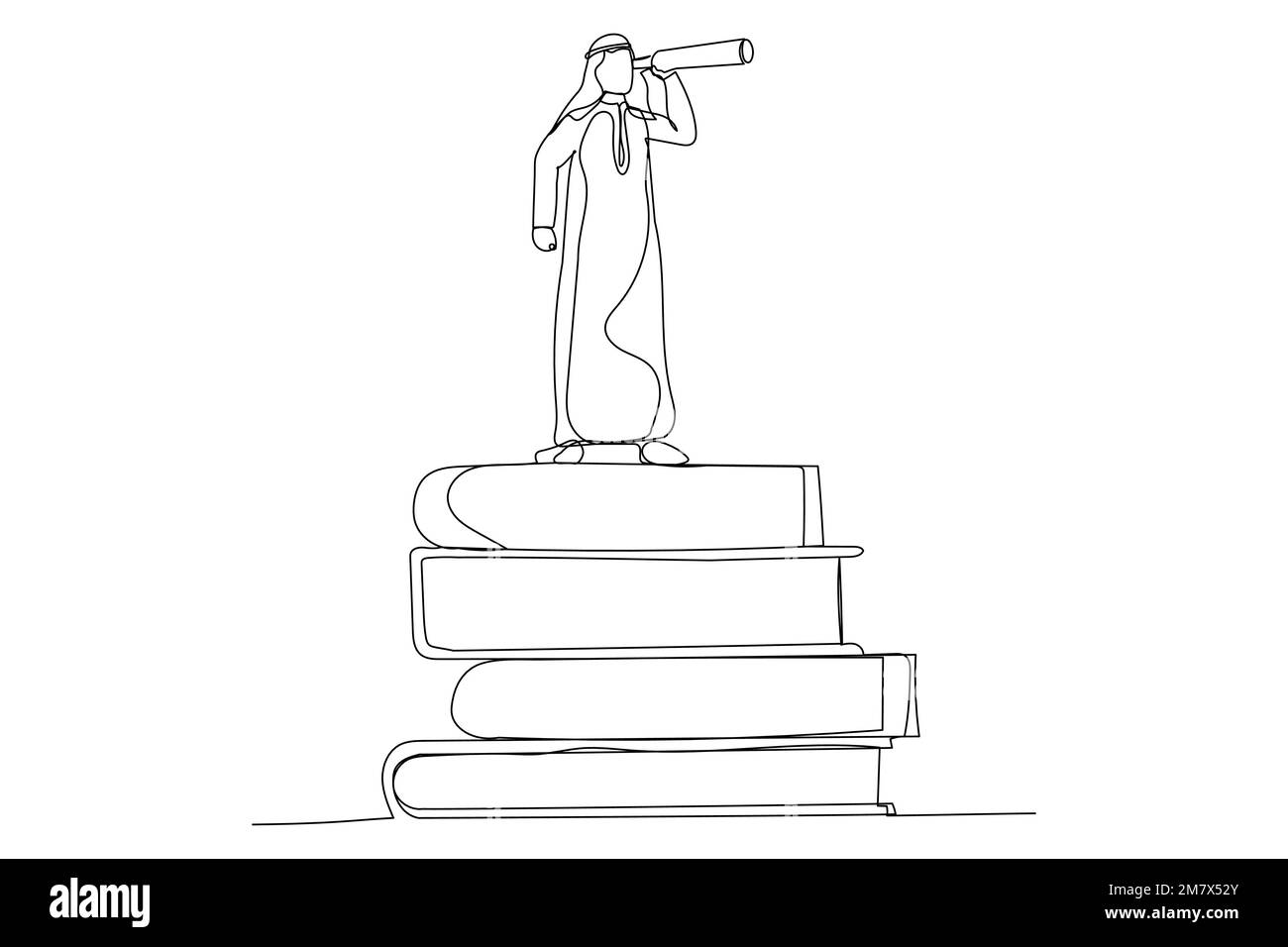 Illustrazione di un uomo d'affari arabo su una pila di libri utilizzando il telescopio per una buona visione. Conoscenza o formazione per il concetto di miglioramento personale. Una linea d'arte Illustrazione Vettoriale