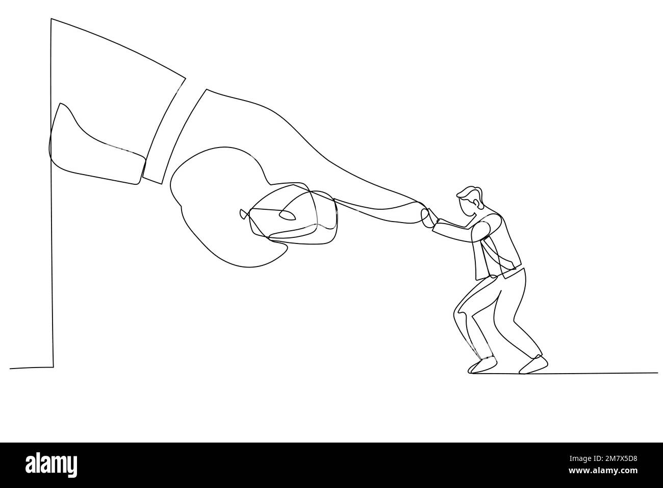 Illustrazione di un uomo d'affari coraggioso combattere e continuare a spingere contro la mano di affari gigante. Metafora per conflitto contro capo o datore di lavoro, david e goliat Illustrazione Vettoriale