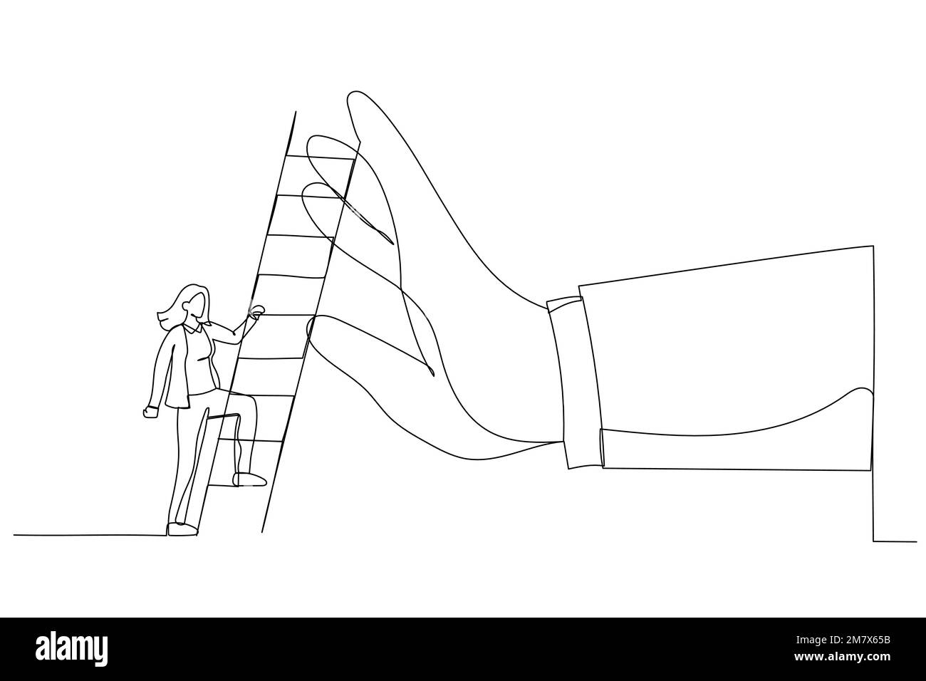 Disegno di una donna d'affari ambiziosa in procinto di salire su scala per superare la mano gigante fermandolo. Metafora per superare ostacolo di affari, barriera o d Illustrazione Vettoriale