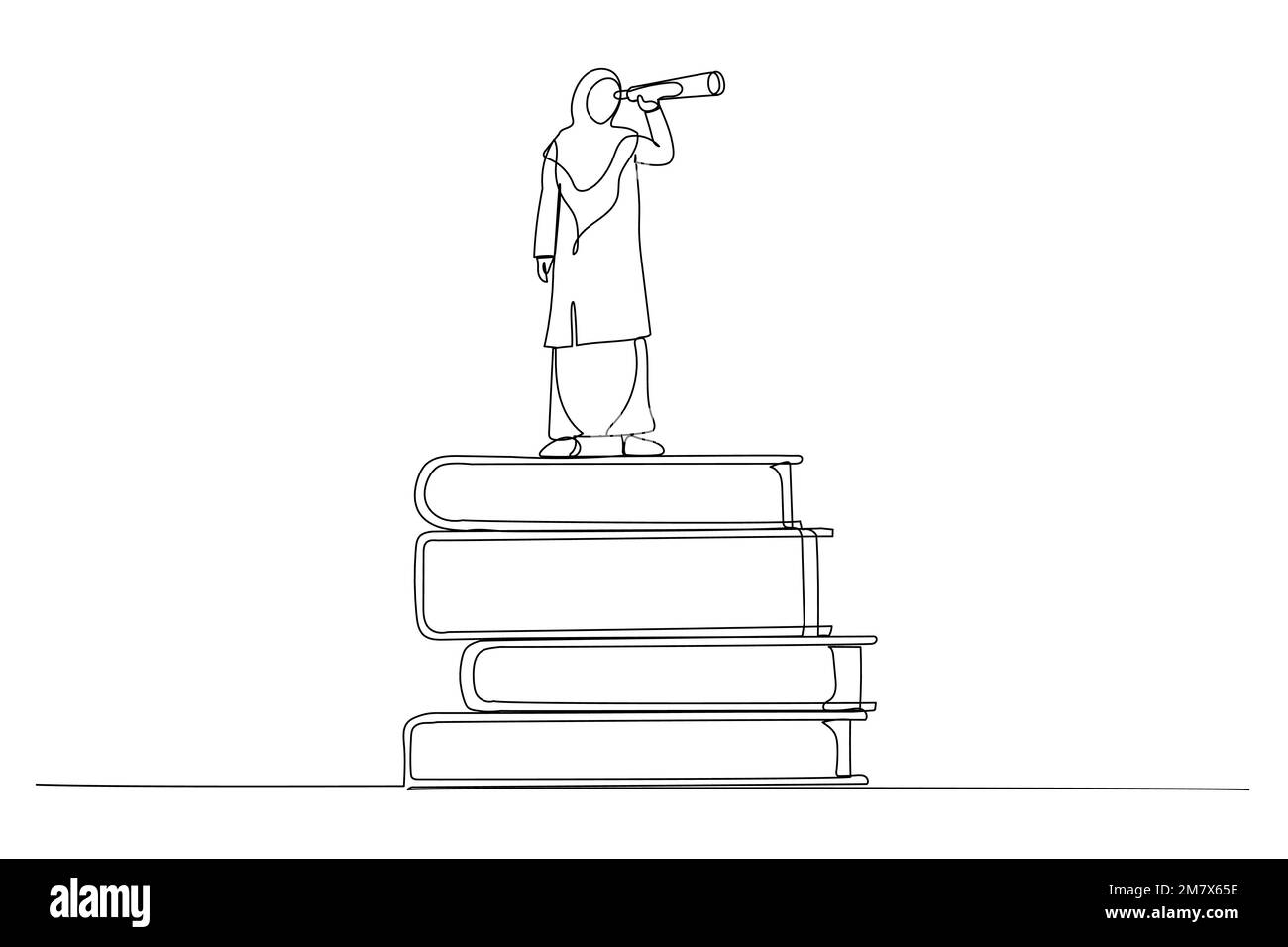 Illustrazione di una donna d'affari musulmana su una pila di libri utilizzando il telescopio per una buona visione. Conoscenza o formazione per il lavoro futuro e miglioramento personale co Illustrazione Vettoriale