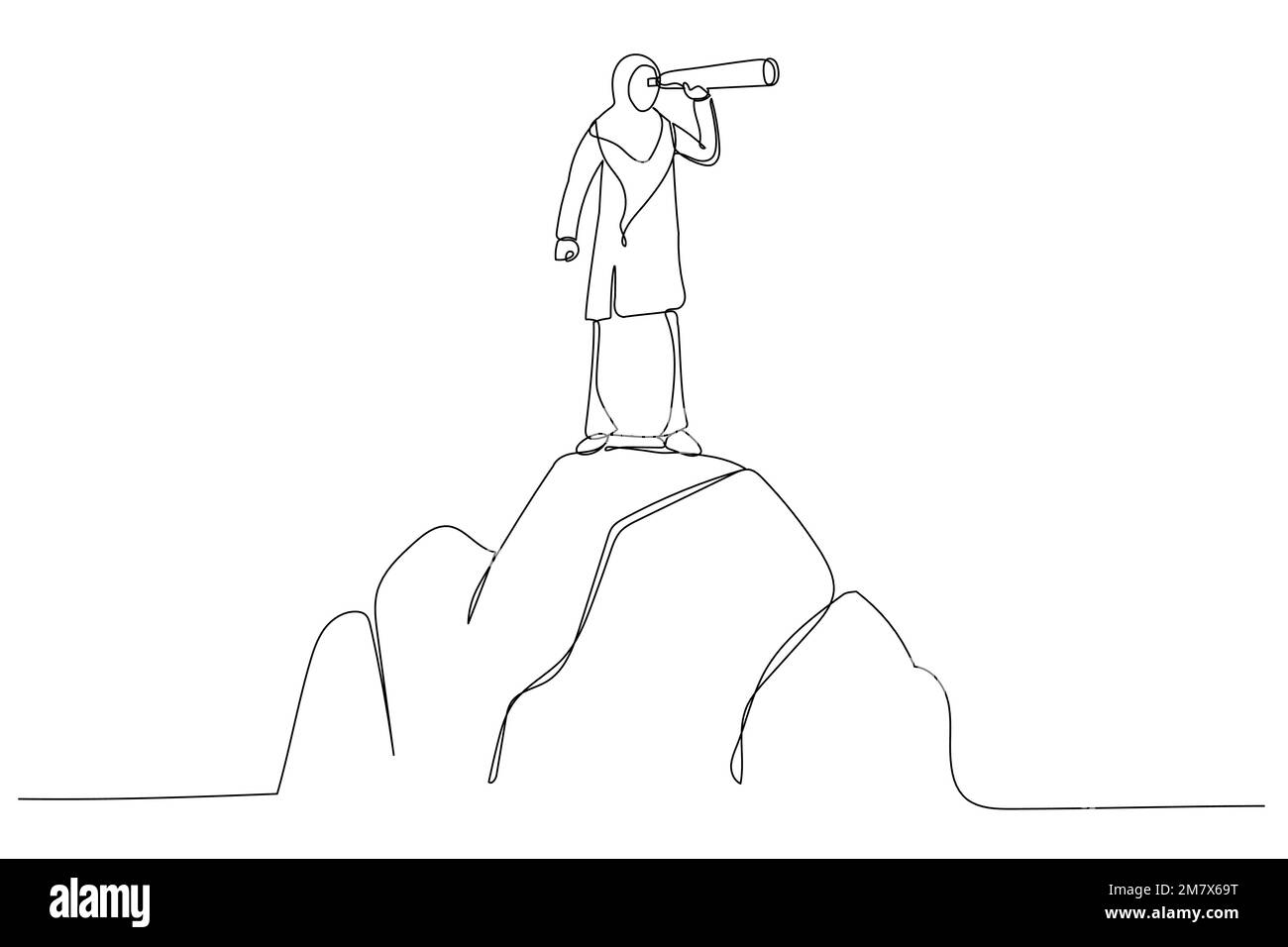 Cartone animato di una donna d'affari musulmana in piedi in cima alla montagna, in cerca di successo. Finanza aziendale, leadership, business Startup. LIN singolo continuo Illustrazione Vettoriale