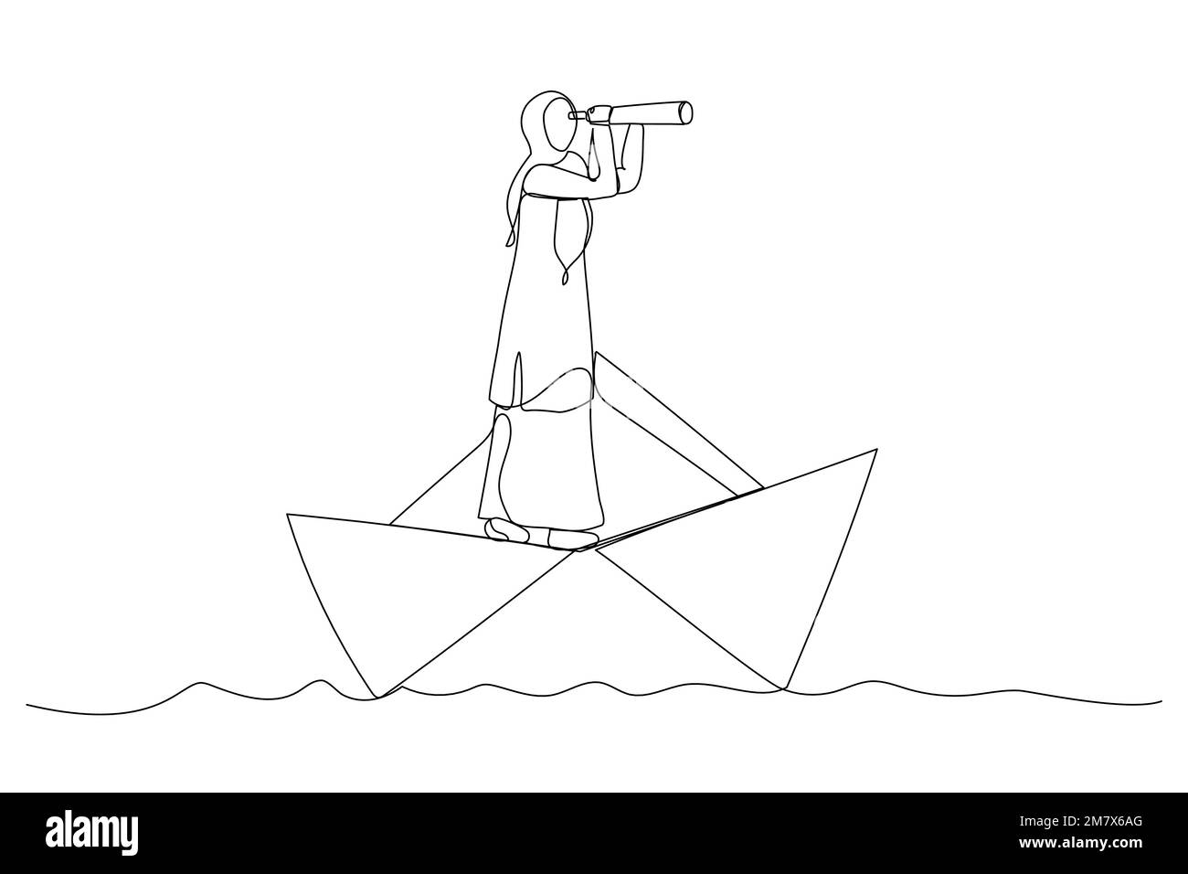 L'illustrazione della donna d'affari musulmana guarda attraverso un telescopio in piedi sul vettore di barca di carta, illustrazione di concetto di affari. Una linea continua art Illustrazione Vettoriale
